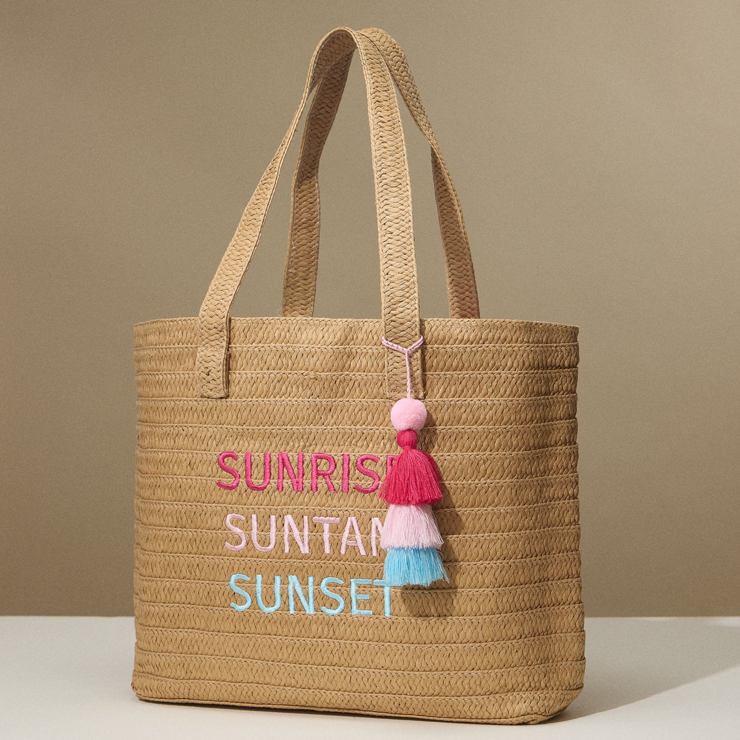 Sunrise, Suntan, Sunset Raffia Tote Bag with Colorful Tassel Accent