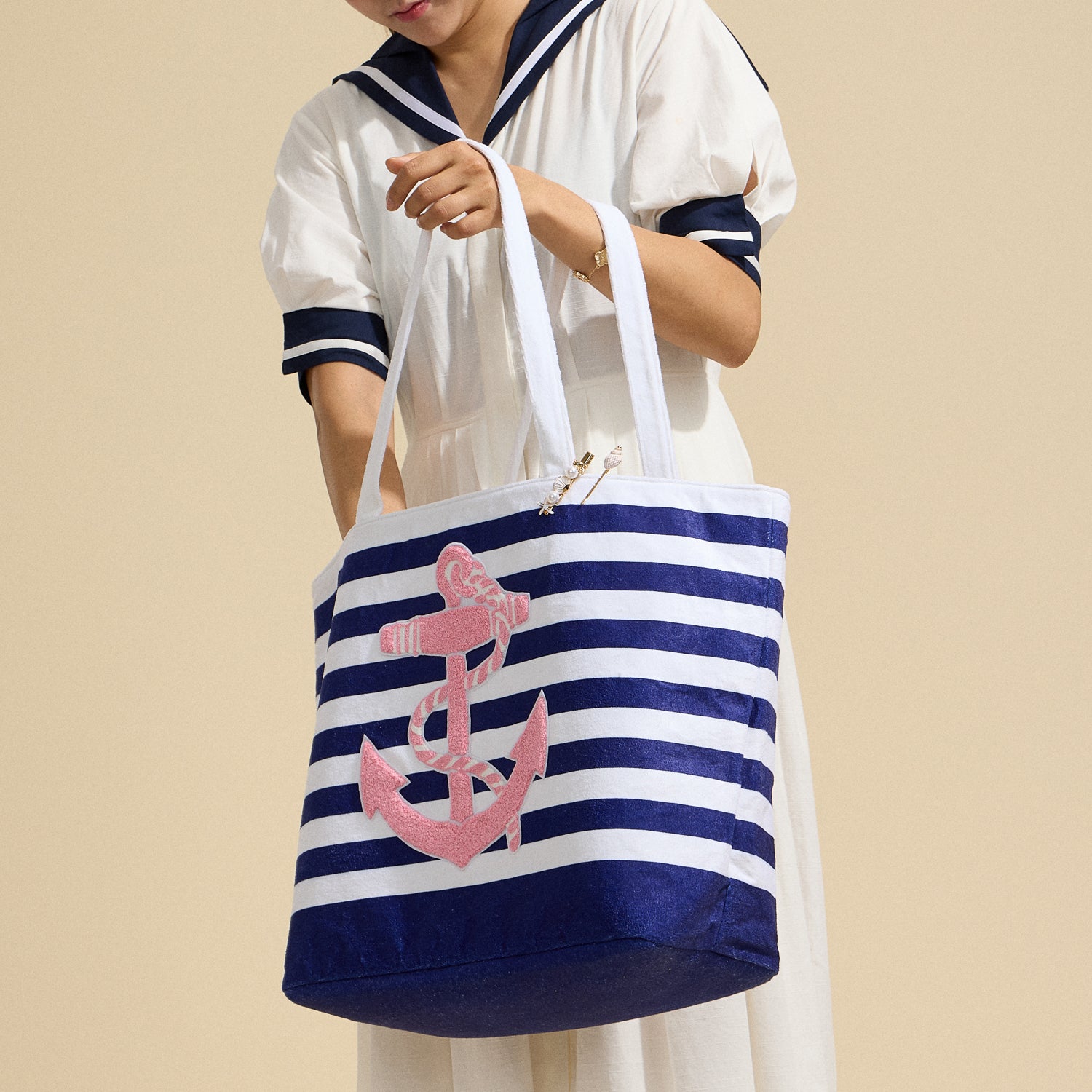 Terry Stripe Print and Anchor Patched Large Size Beach Tote