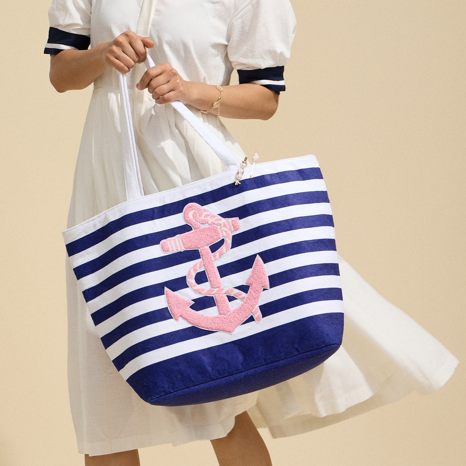 Terry Stripe Print and Anchor Patched Large Size Beach Tote