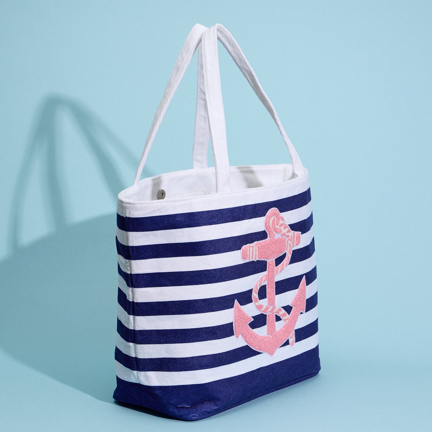 Terry Stripe Print and Anchor Patched Large Size Beach Tote