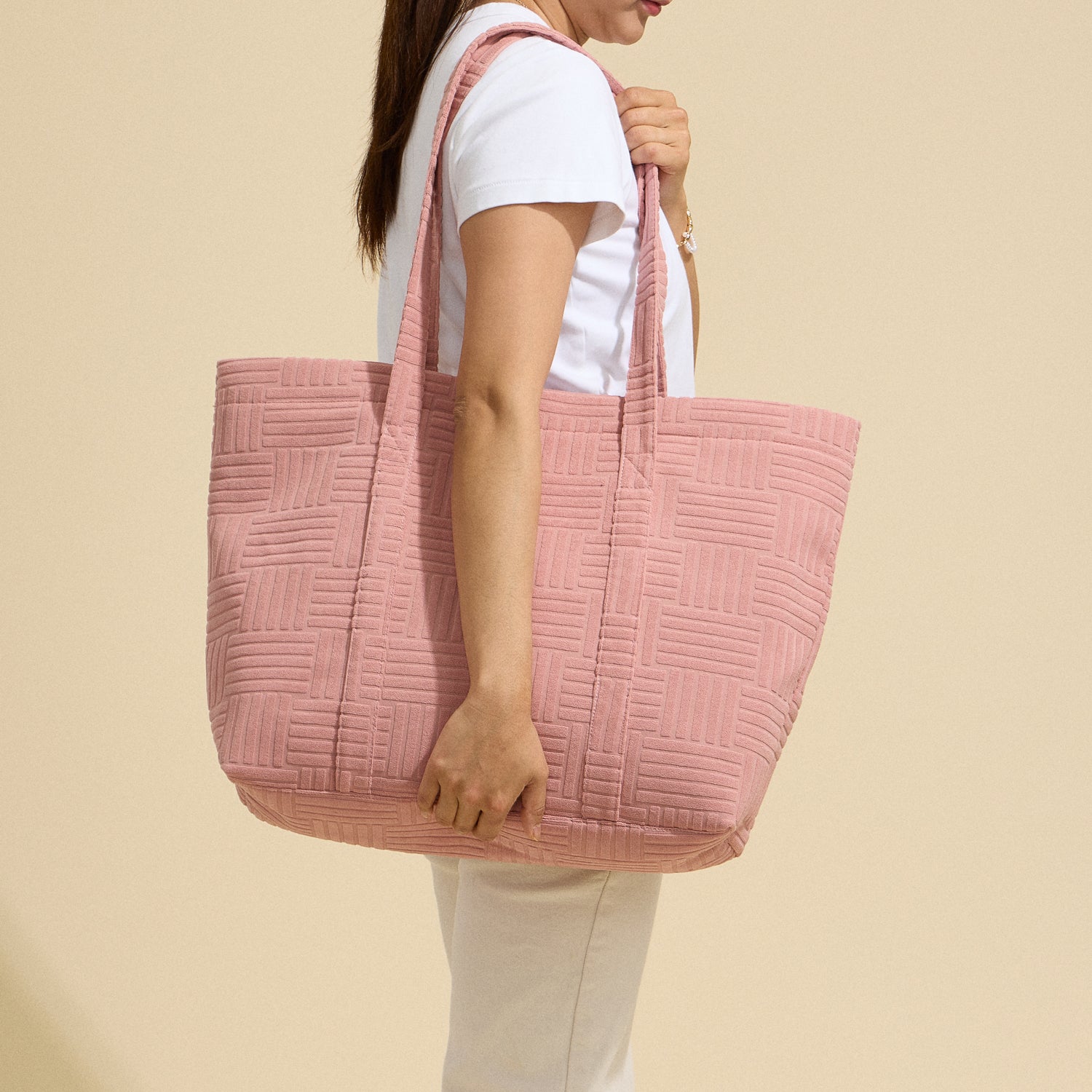 Luxe Terry Tote Bag with Irregular Grid Pattern