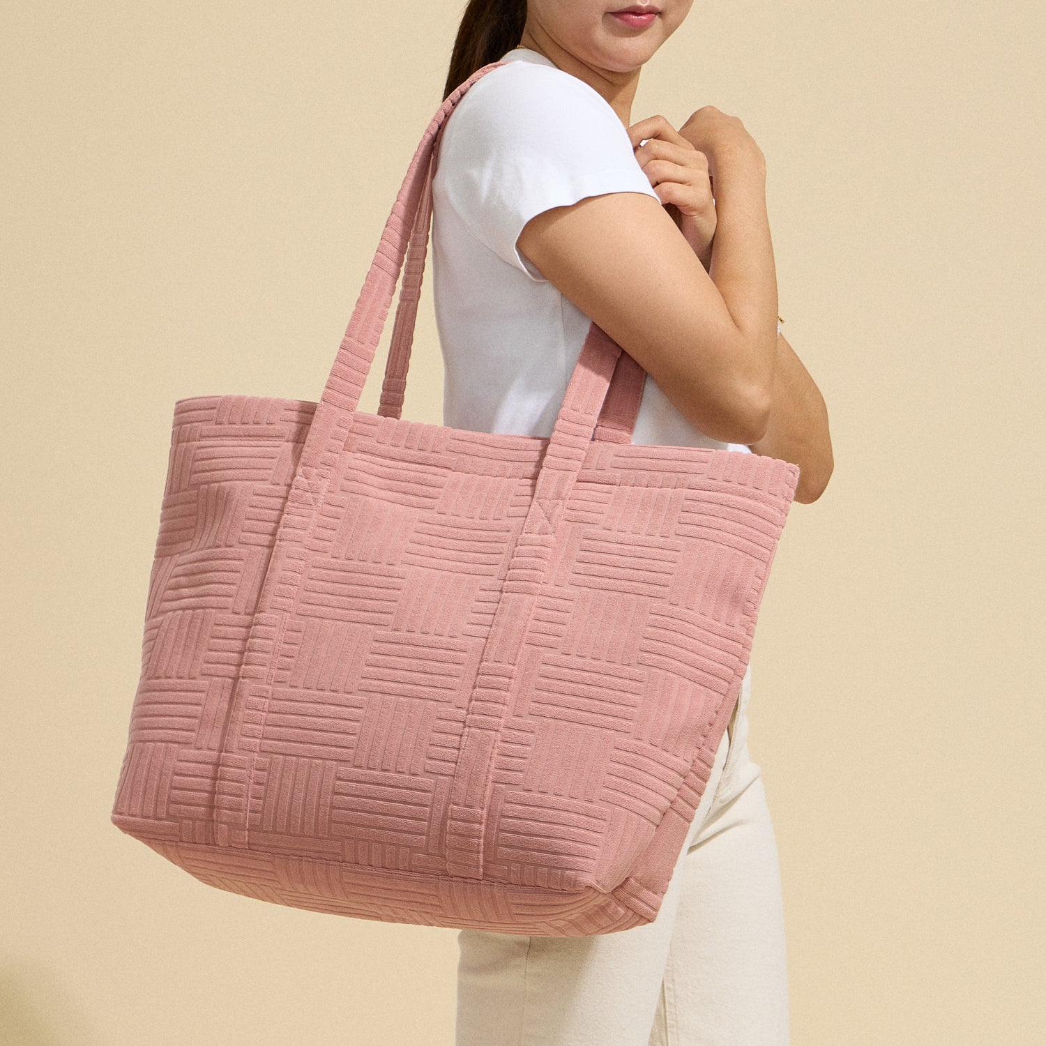 Luxe Terry Tote Bag with Irregular Grid Pattern