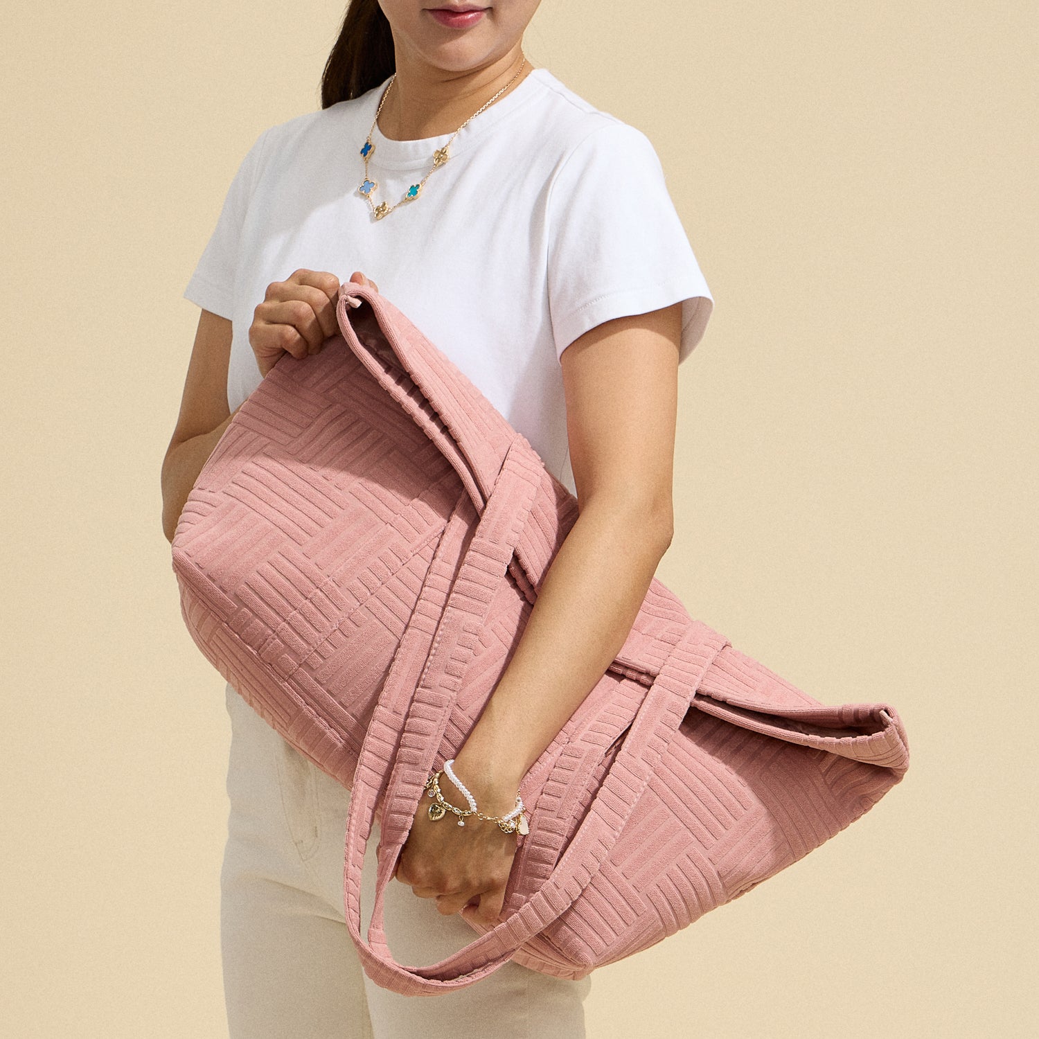 Luxe Terry Tote Bag with Irregular Grid Pattern