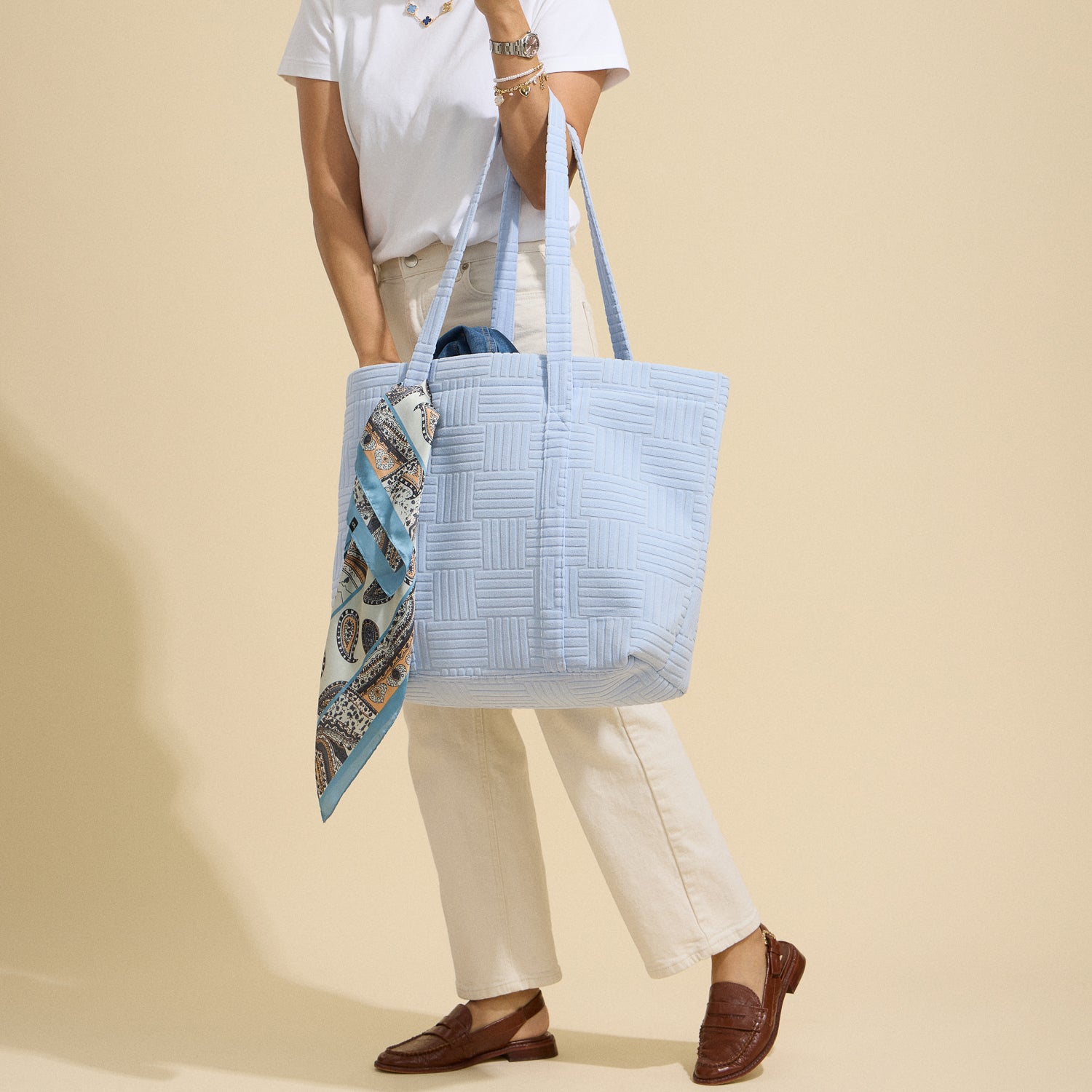 Luxe Terry Tote Bag with Irregular Grid Pattern
