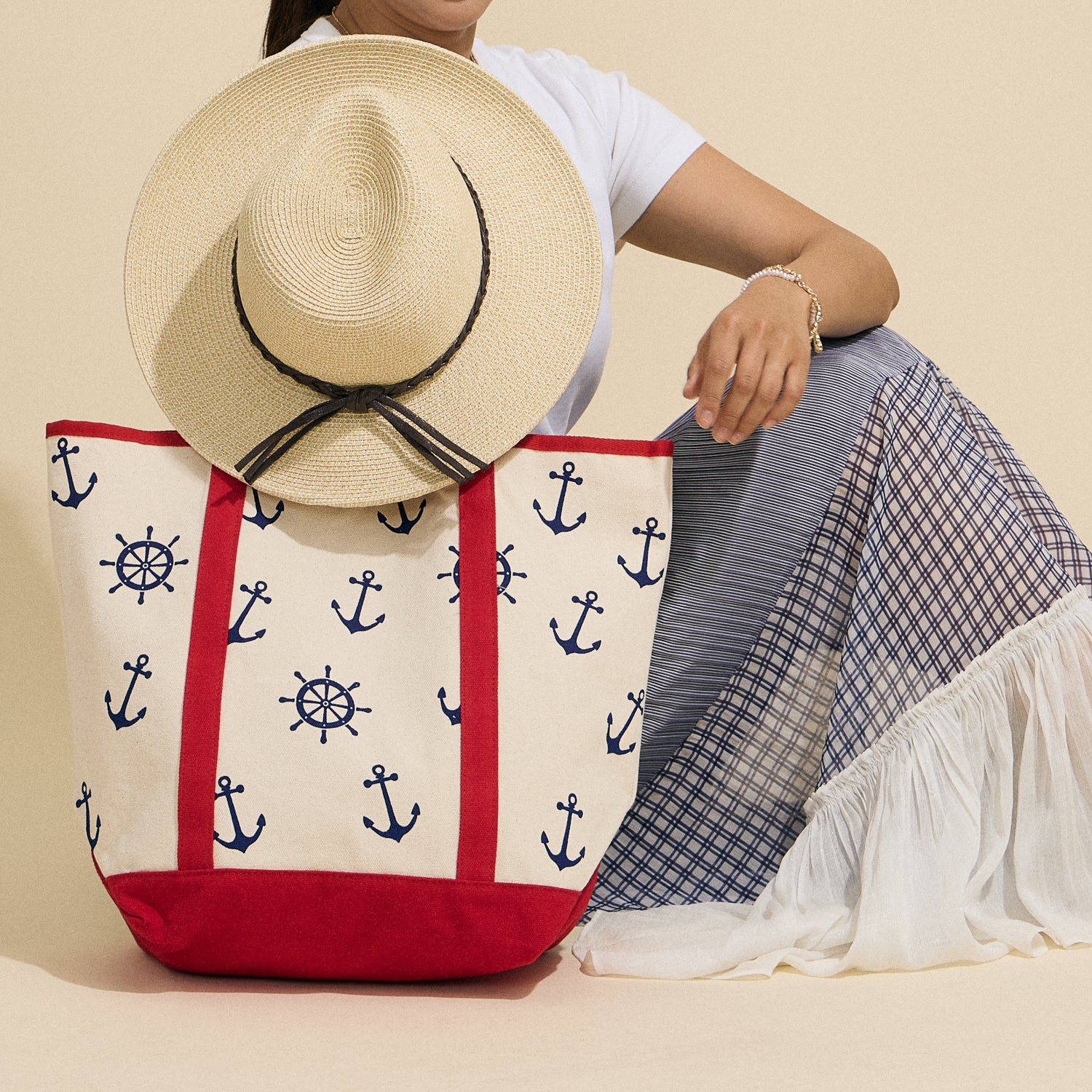 Large Size Nautical Theme Print Everywhere-Carry Canvas Tote - Beach Bag