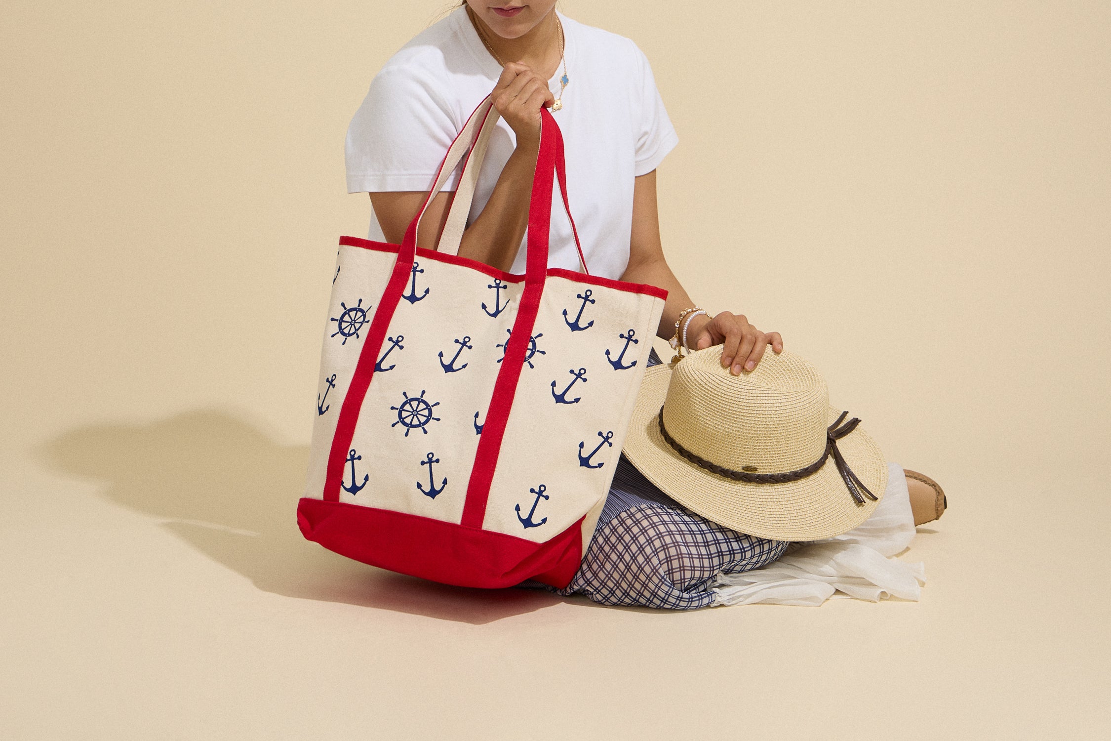 Large Size Nautical Theme Print Everywhere-Carry Canvas Tote - Beach Bag