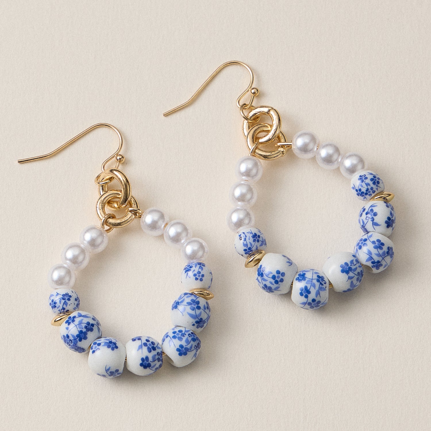 Pink & Blue Floral Ceramic Hoop Earrings