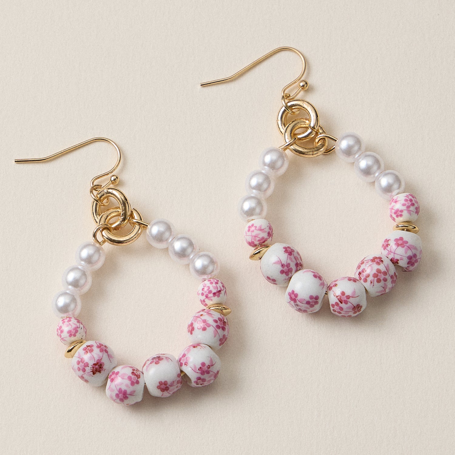 Pink & Blue Floral Ceramic Hoop Earrings
