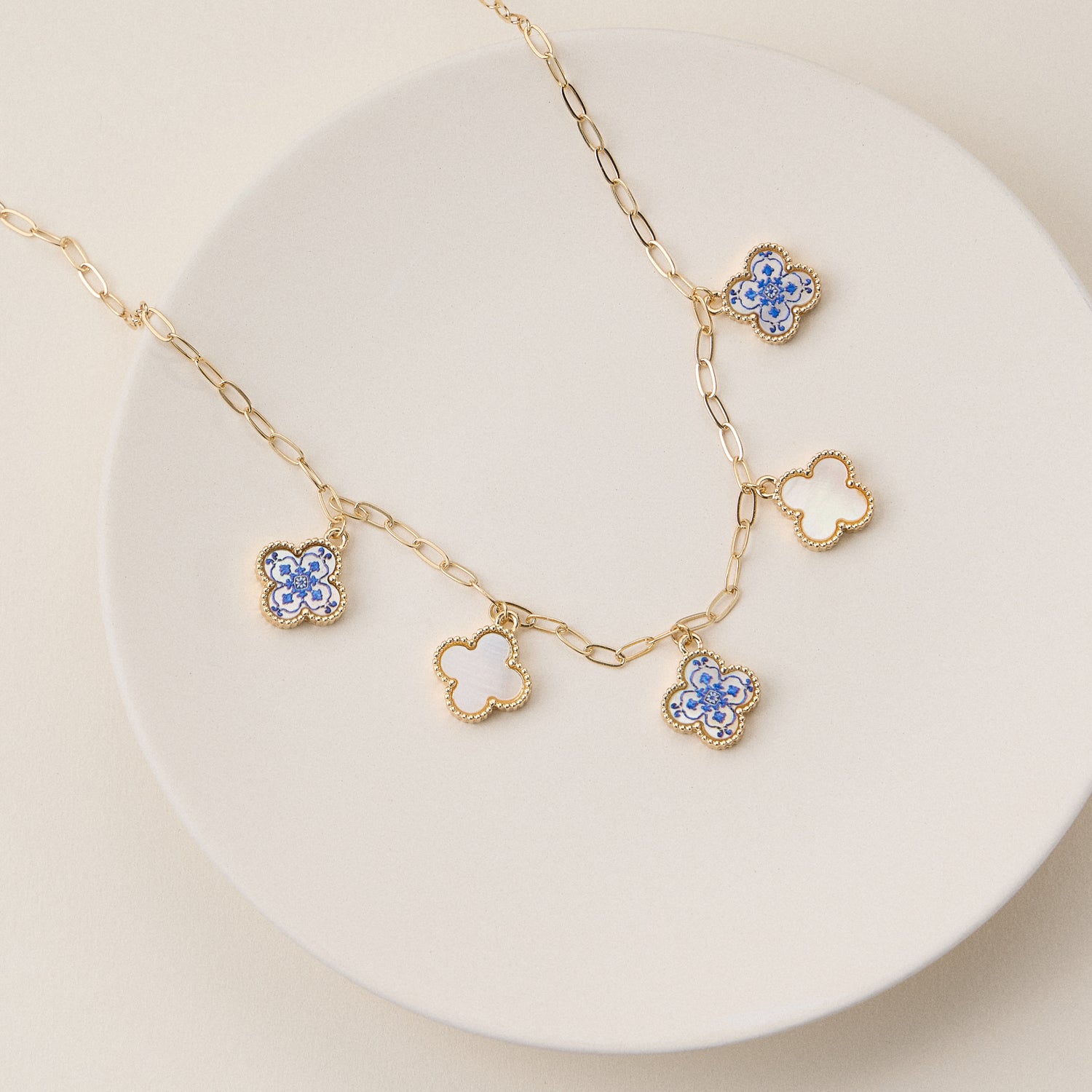 Blue Floral & Pearl Clover Charm Necklace