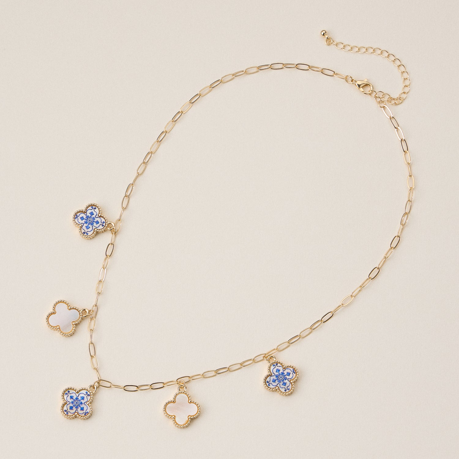 Blue Floral & Pearl Clover Charm Necklace