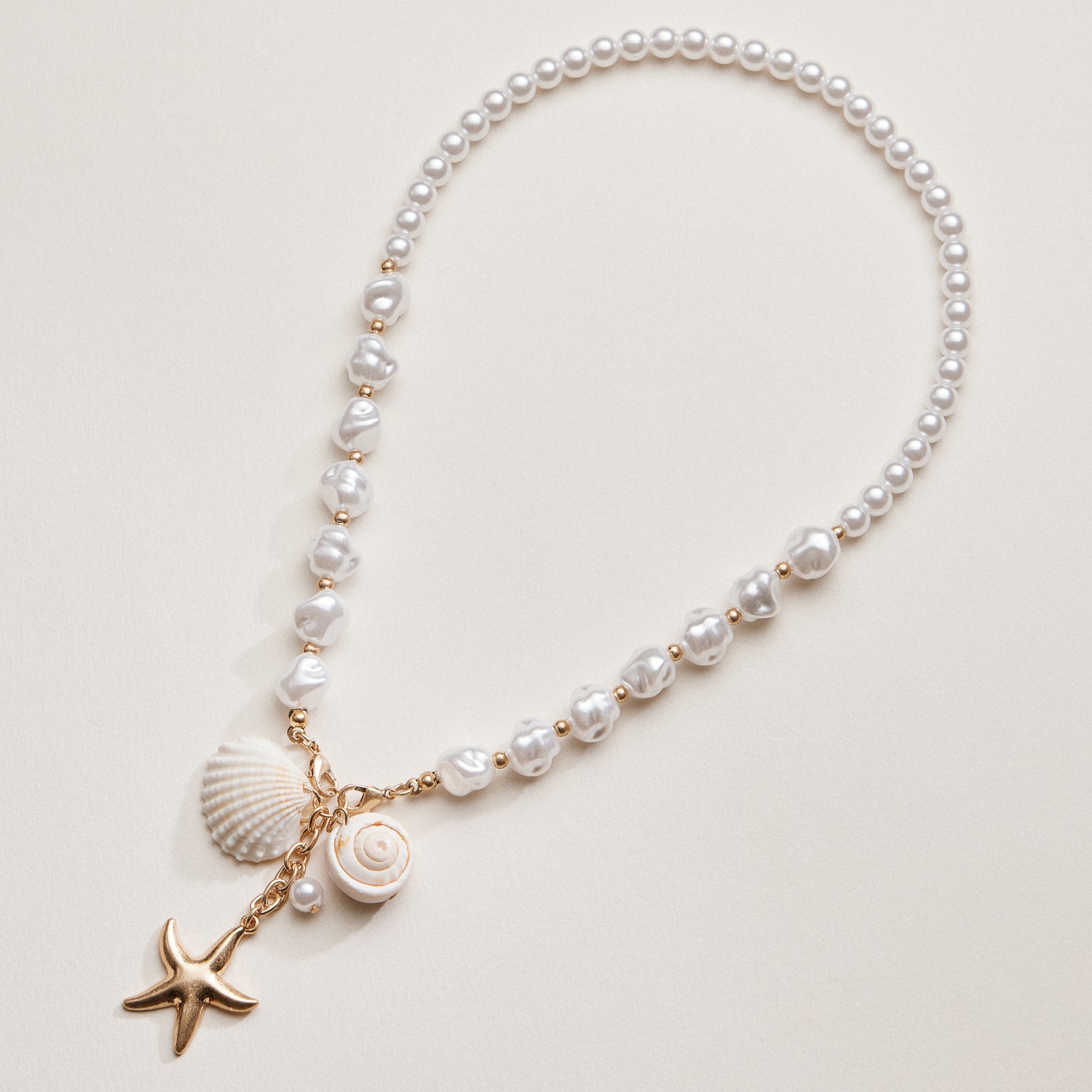 Gold Starfish & Seashell Pendant | Coastal Charm Pearl Necklace