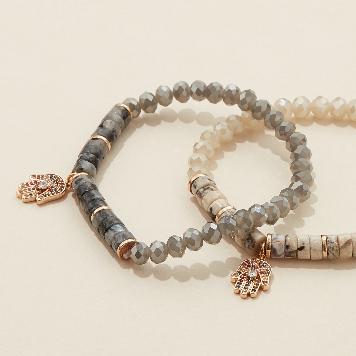 Pipe Natural Stone and Glass Beaded Hamsa Bracelet
