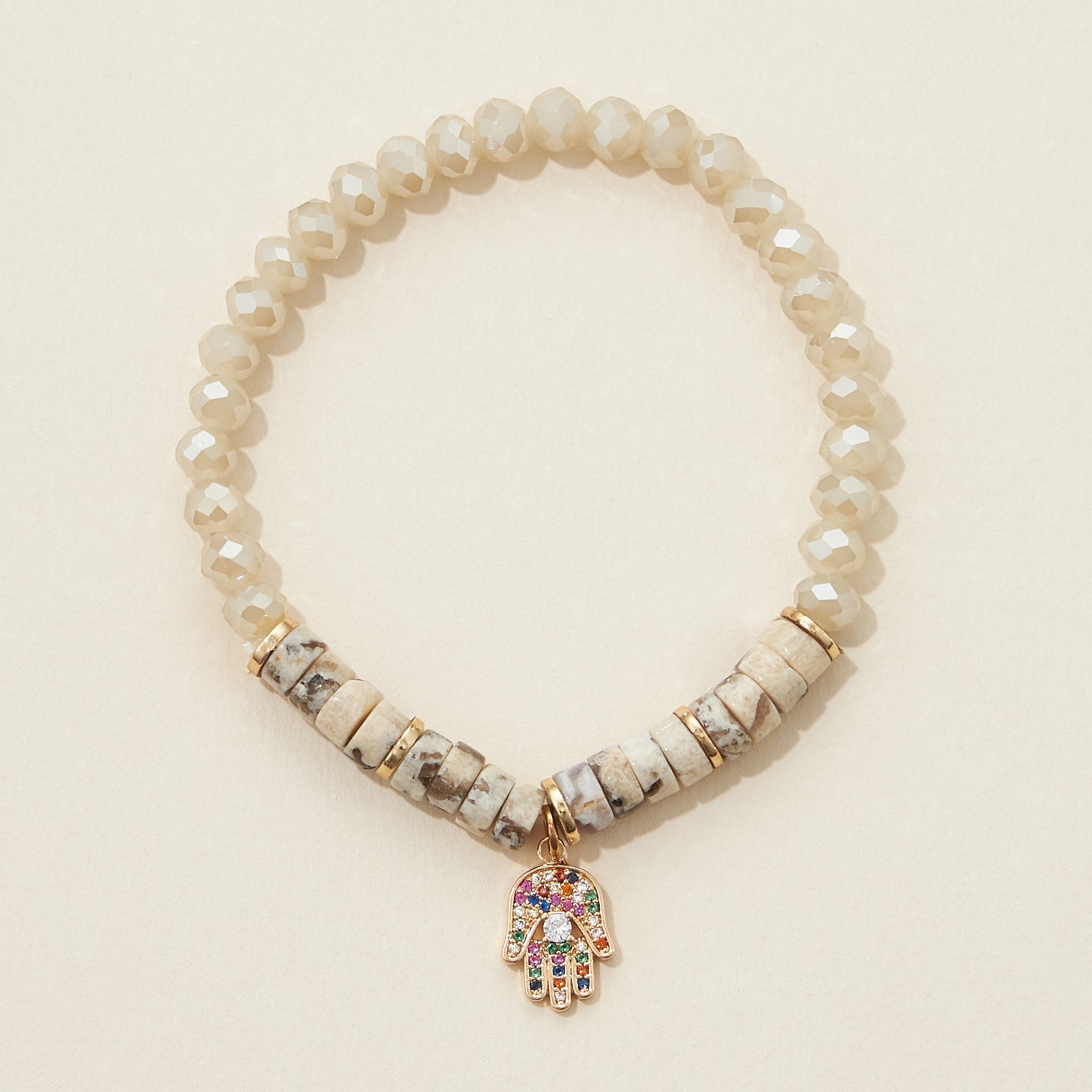 Pipe Natural Stone and Glass Beaded Hamsa Bracelet