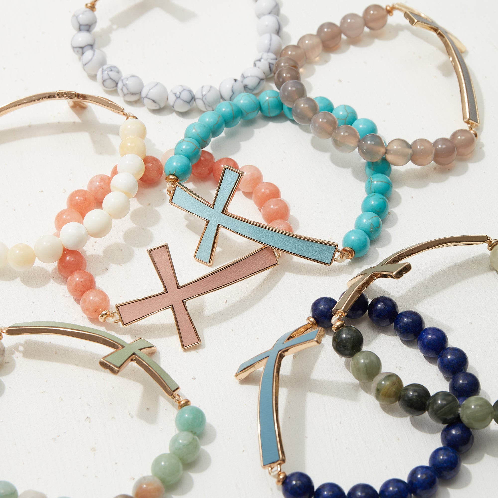 Leather Cross Pendant Natural Stone Bracelet