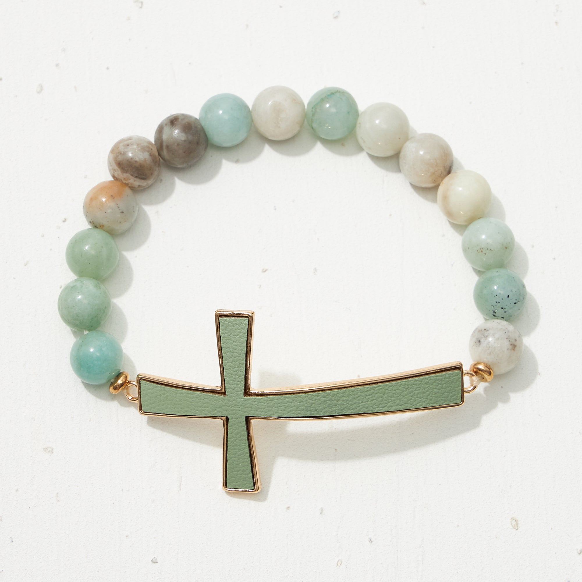 Leather Cross Pendant Natural Stone Bracelet