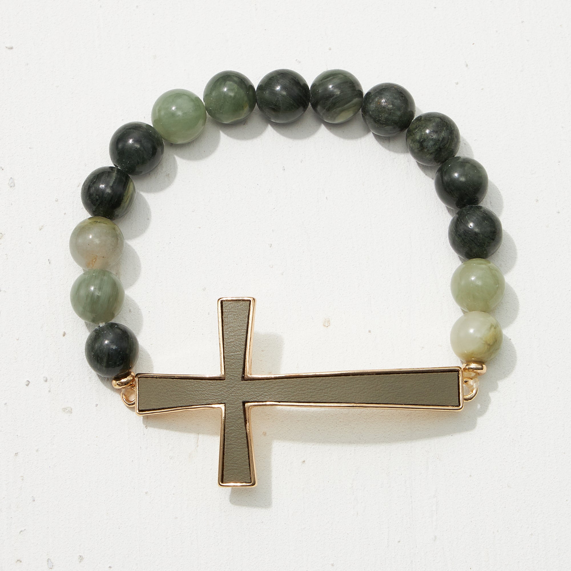 Leather Cross Pendant Natural Stone Bracelet