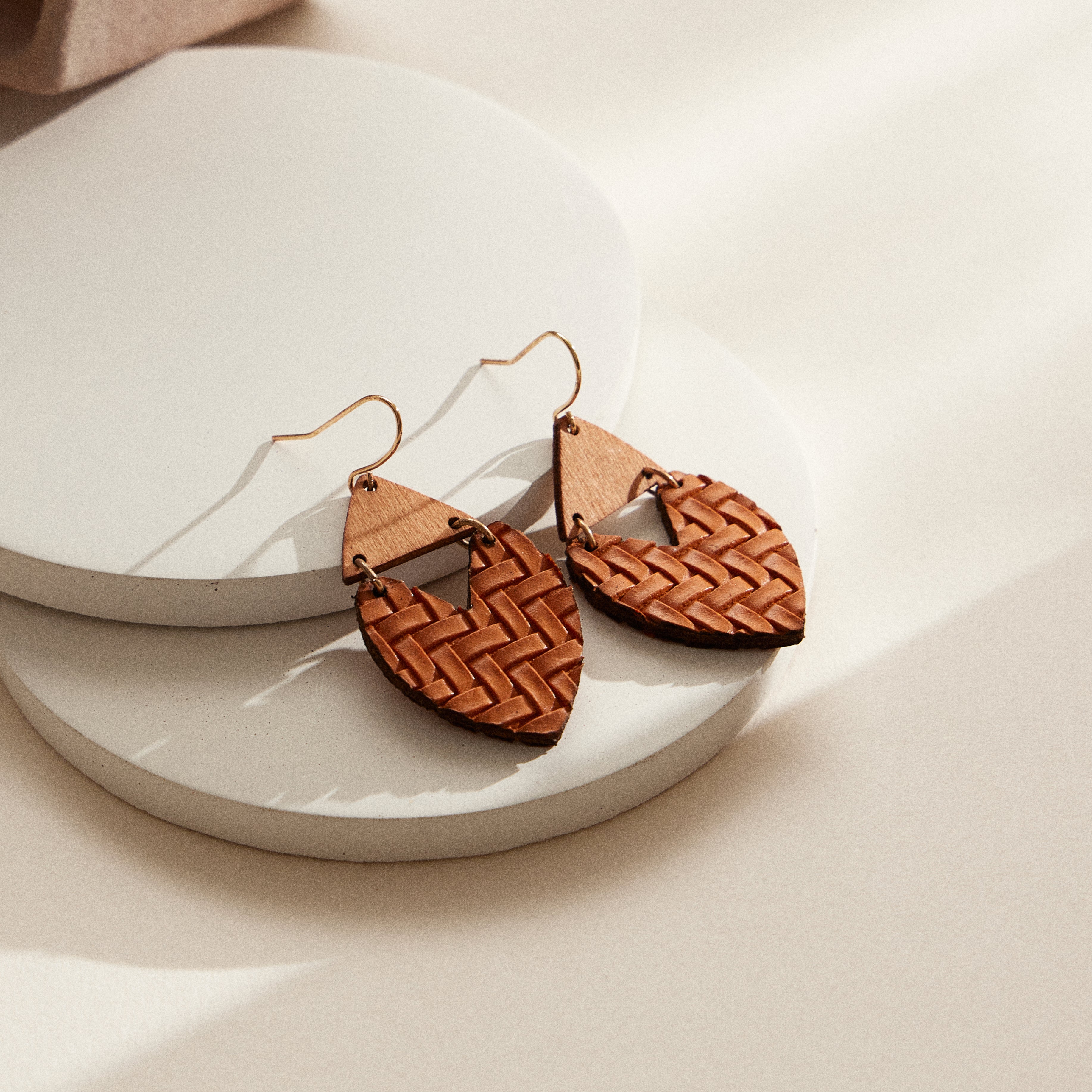 Textured Leather & Wood Earrings