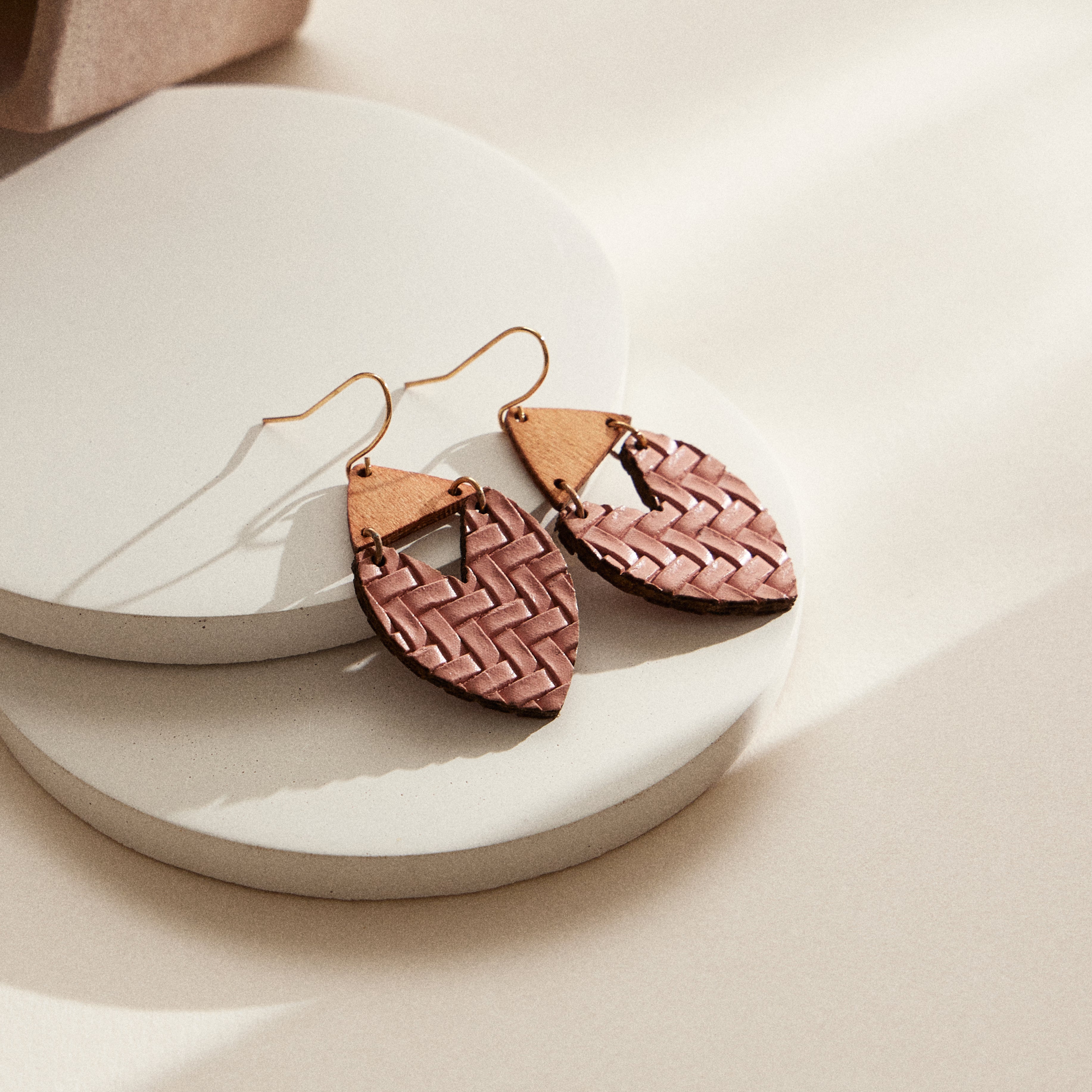 Textured Leather & Wood Earrings