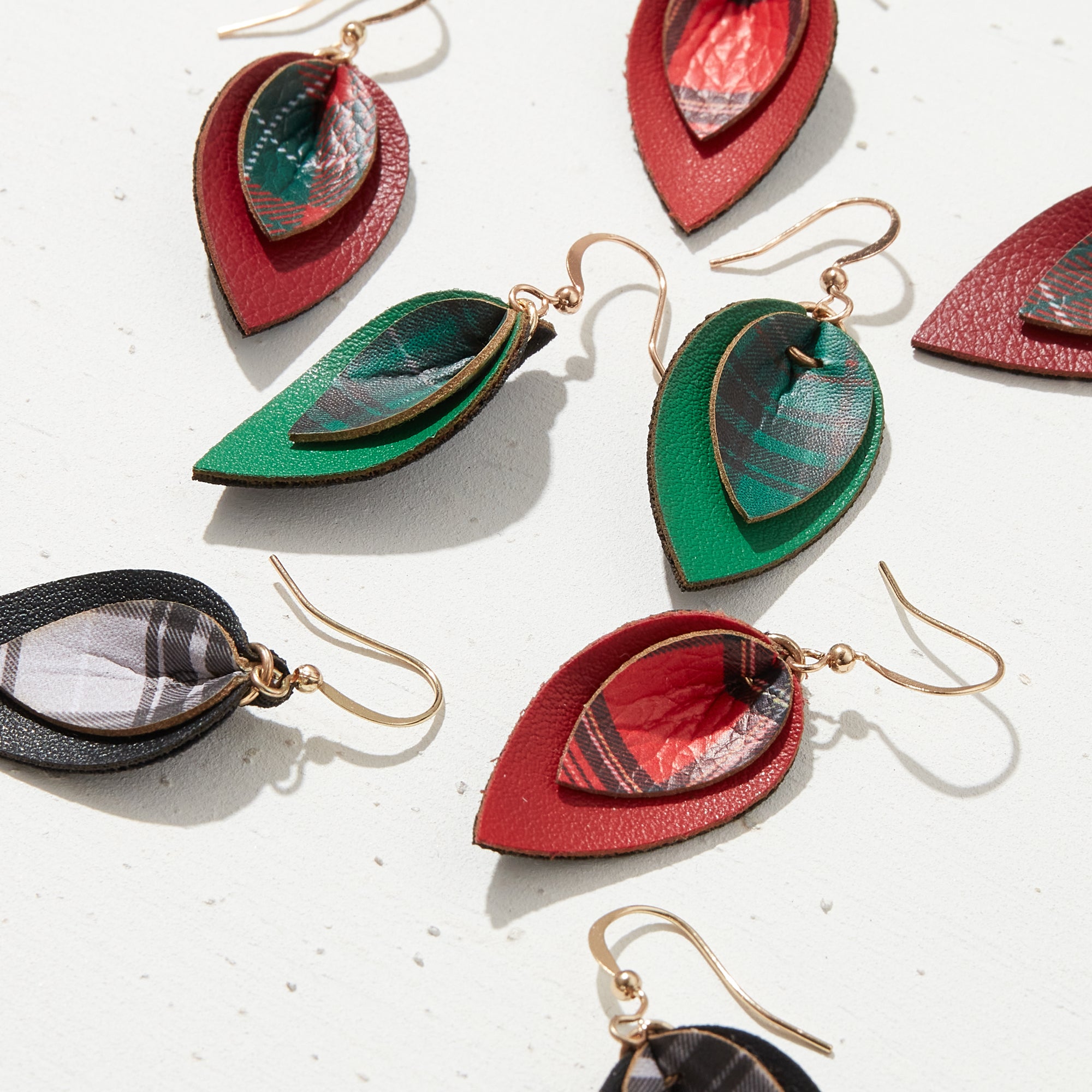Holiday Plaid Double Layer Leather Drop Earrings