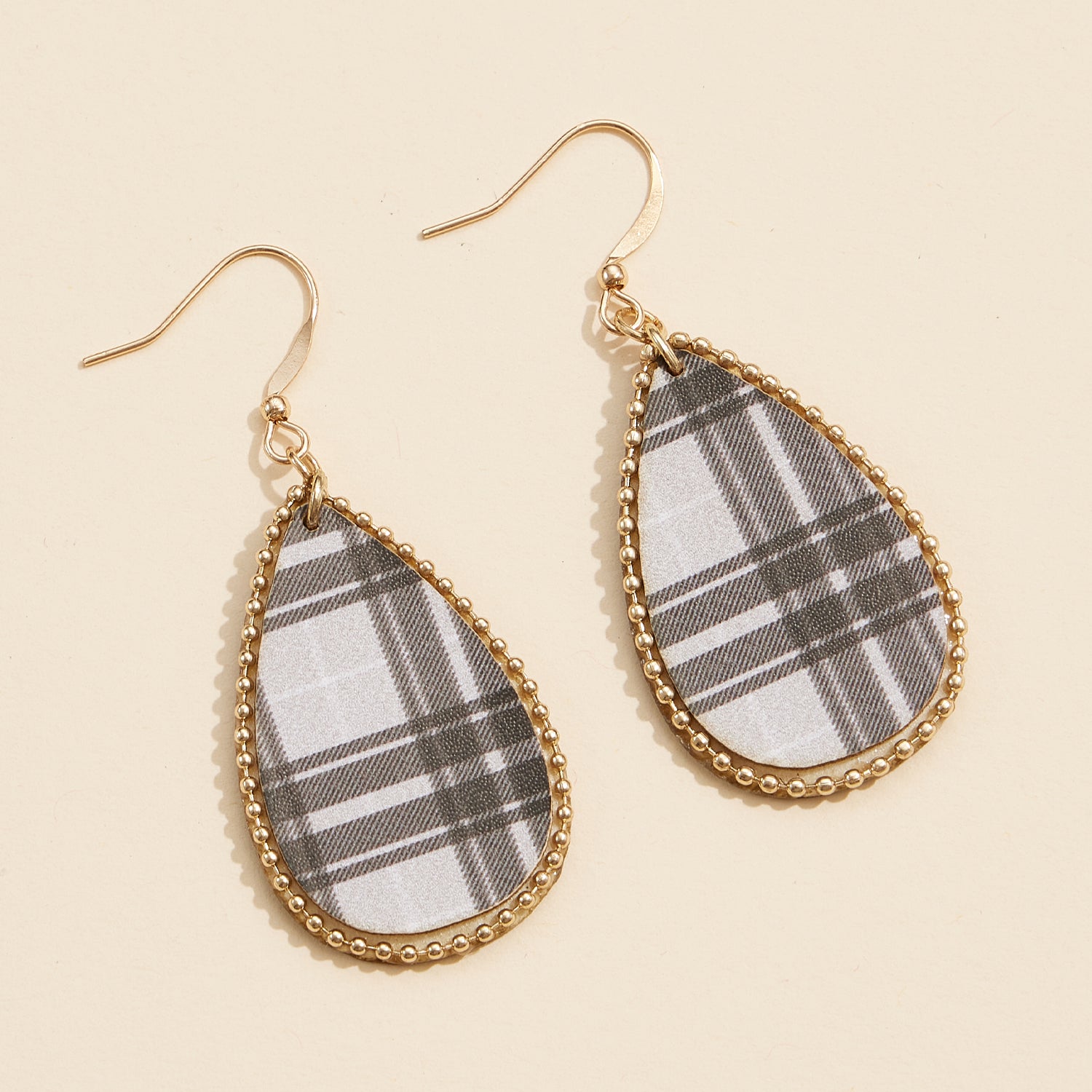 Teardrop Plaid Earrings with Gold Beaded Frame