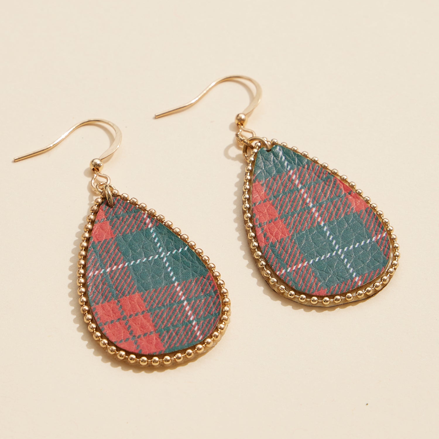 Teardrop Plaid Earrings with Gold Beaded Frame