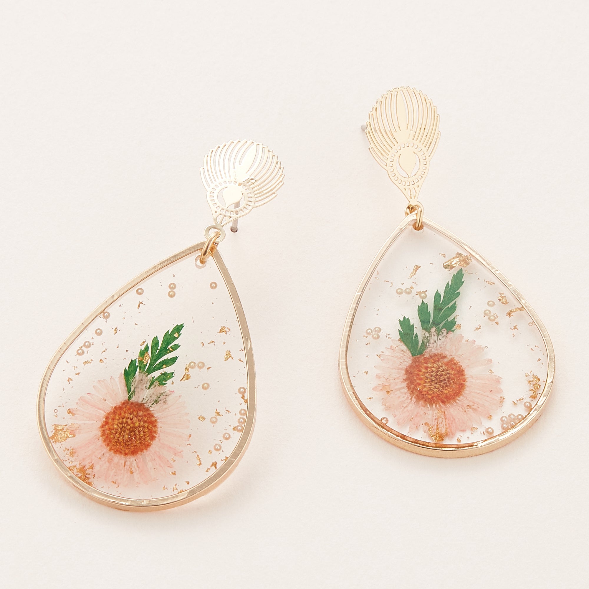 Filigree Pressed Flower Teardrop Earrings