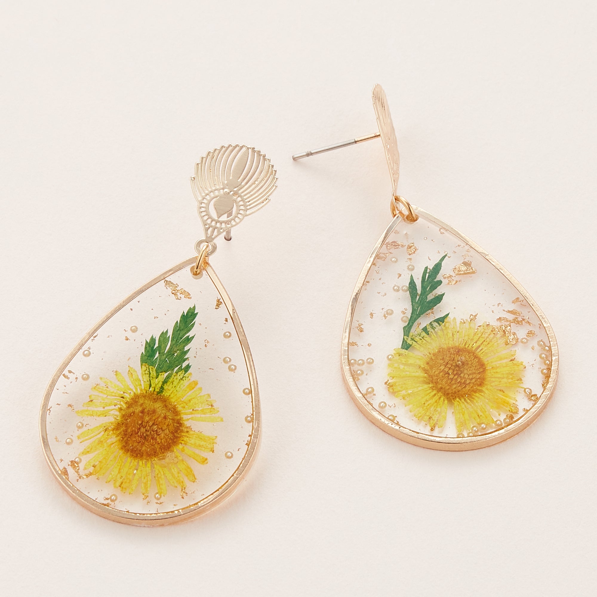 Filigree Pressed Flower Teardrop Earrings