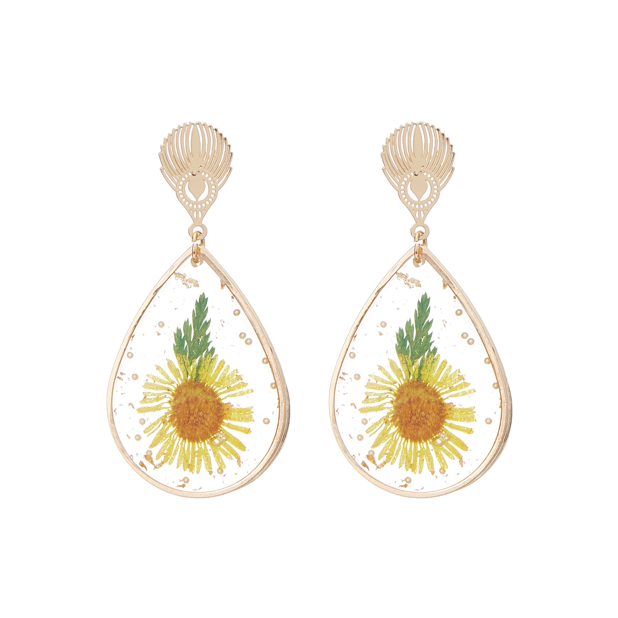 Filigree Pressed Flower Teardrop Earrings