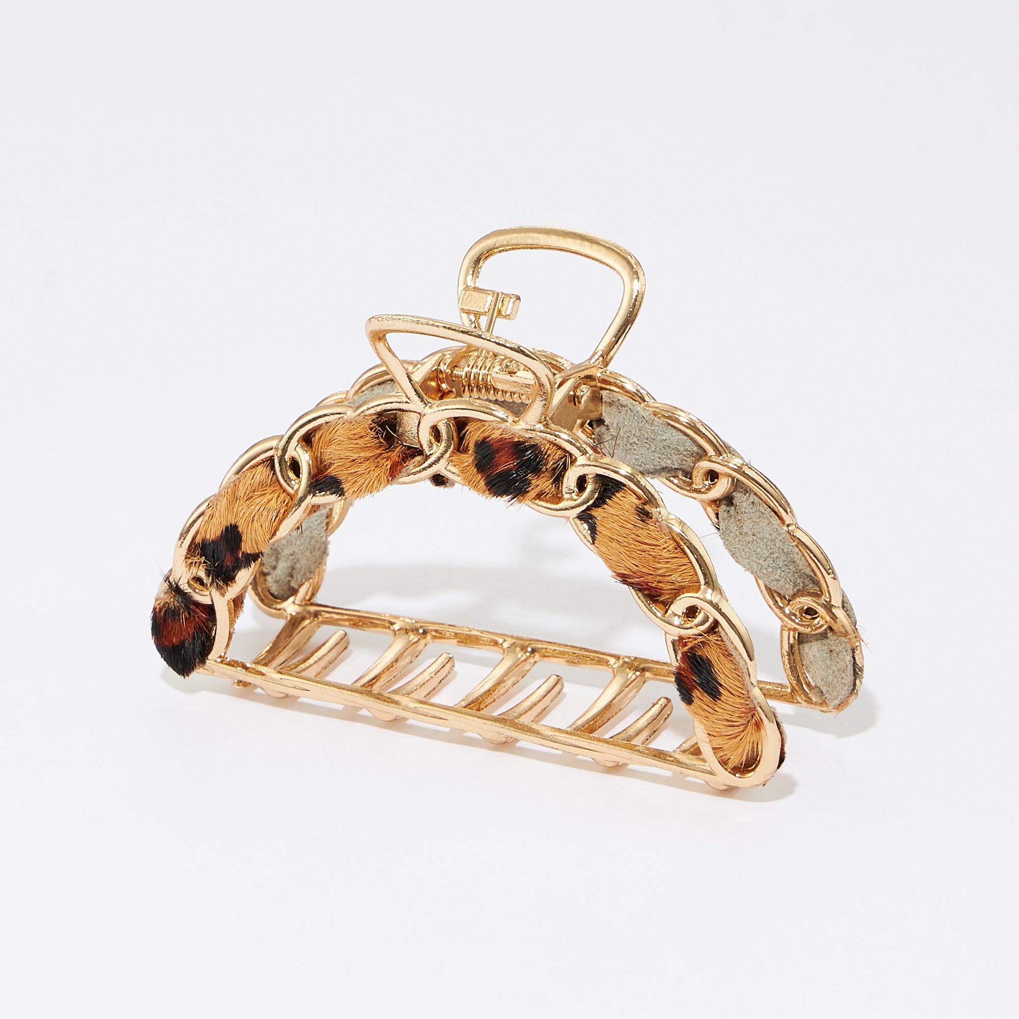 Animal Print Genuine Leather Link Chain Claw Hair Clips