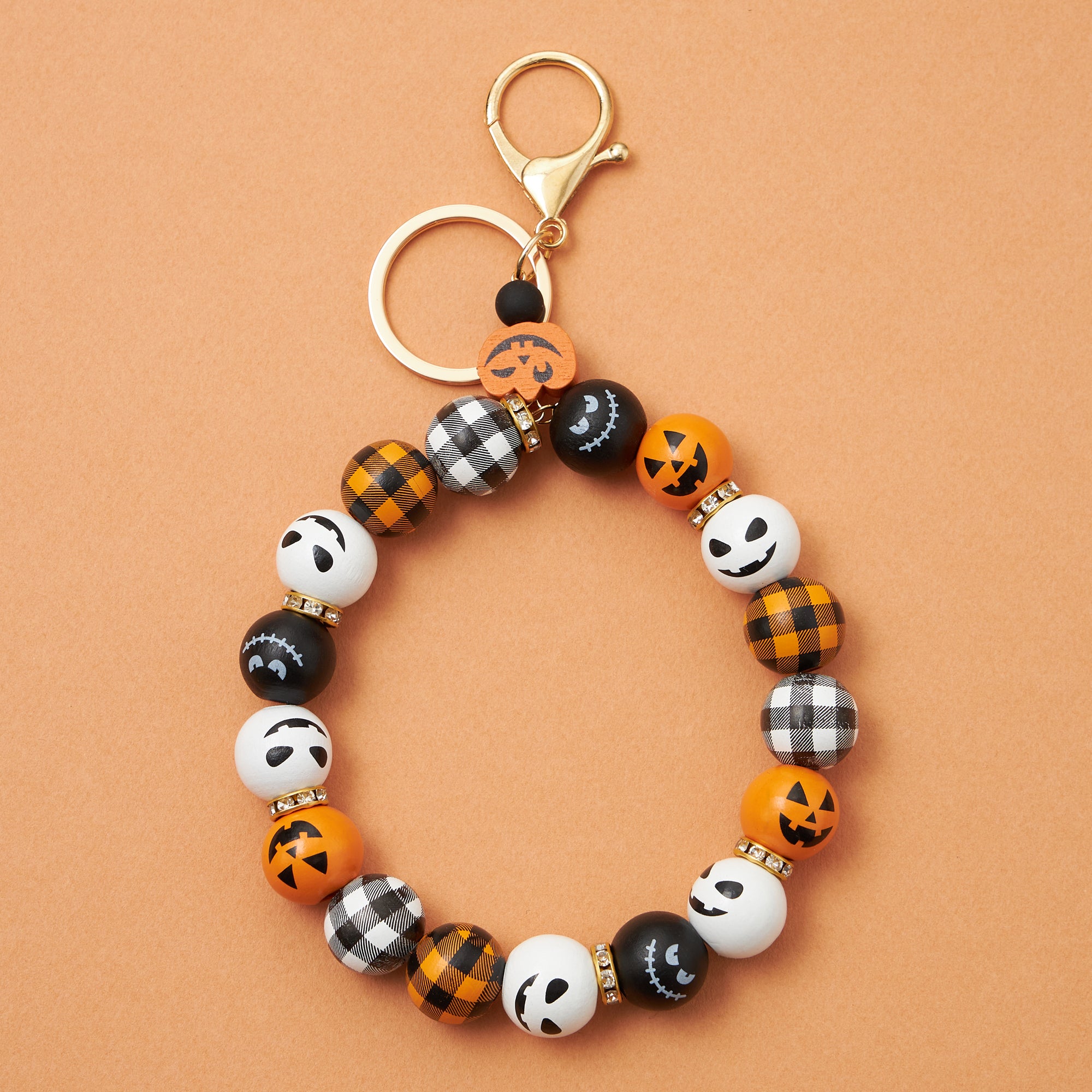 Halloween Pumpkin Wood Bead Bracelet Keychain