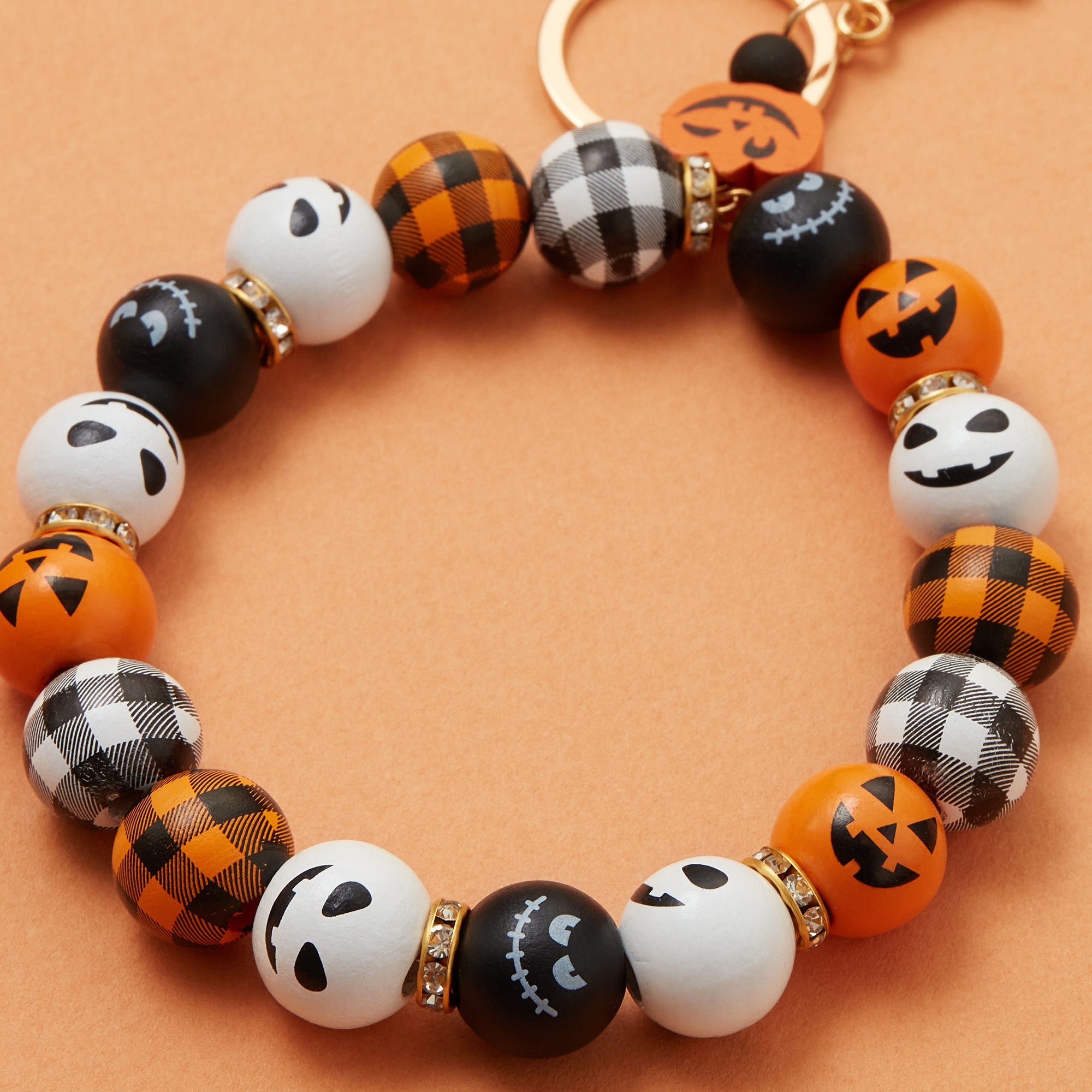 Halloween Pumpkin Wood Bead Bracelet Keychain