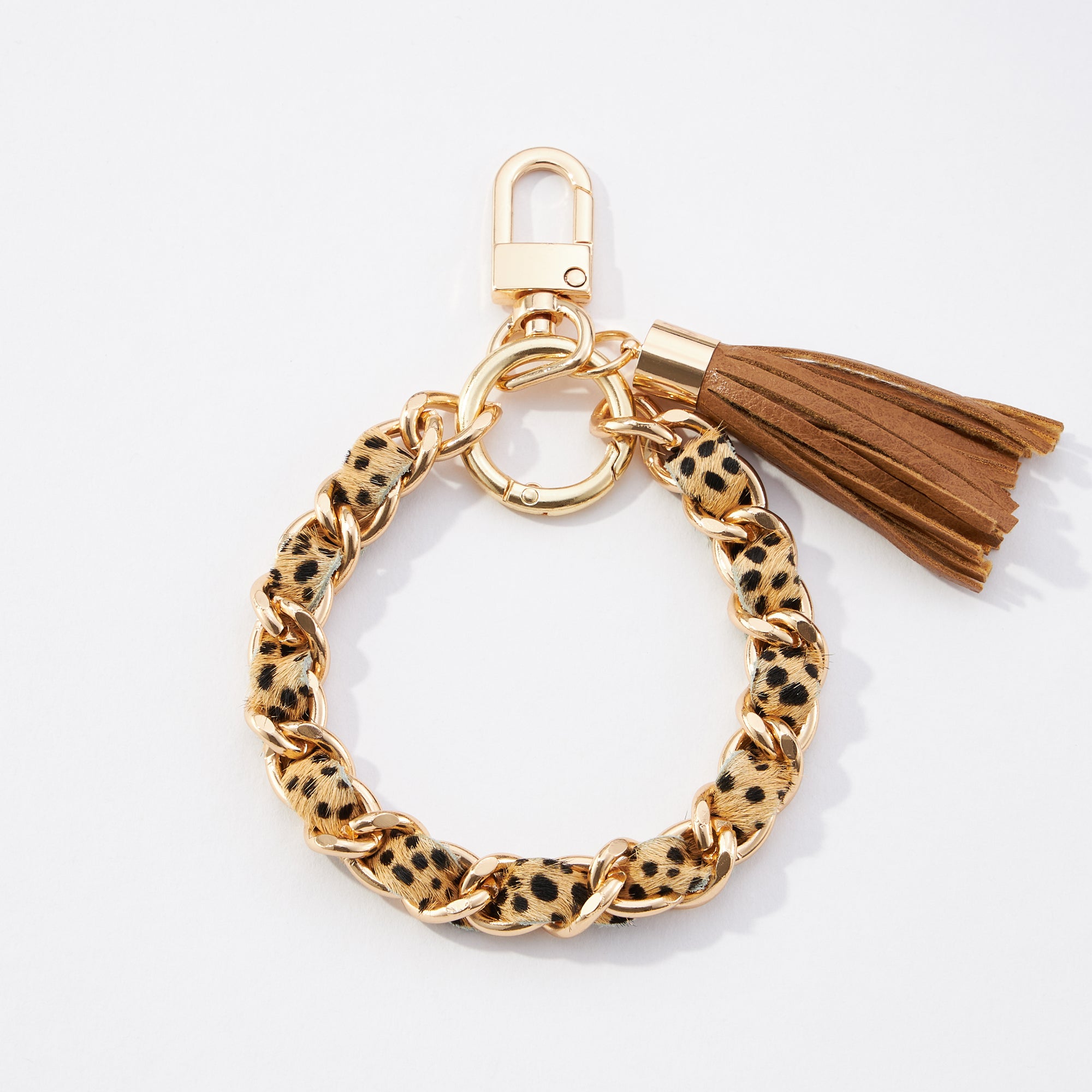 Animal Print Genuine Leather Bracelet Tassel Keychain
