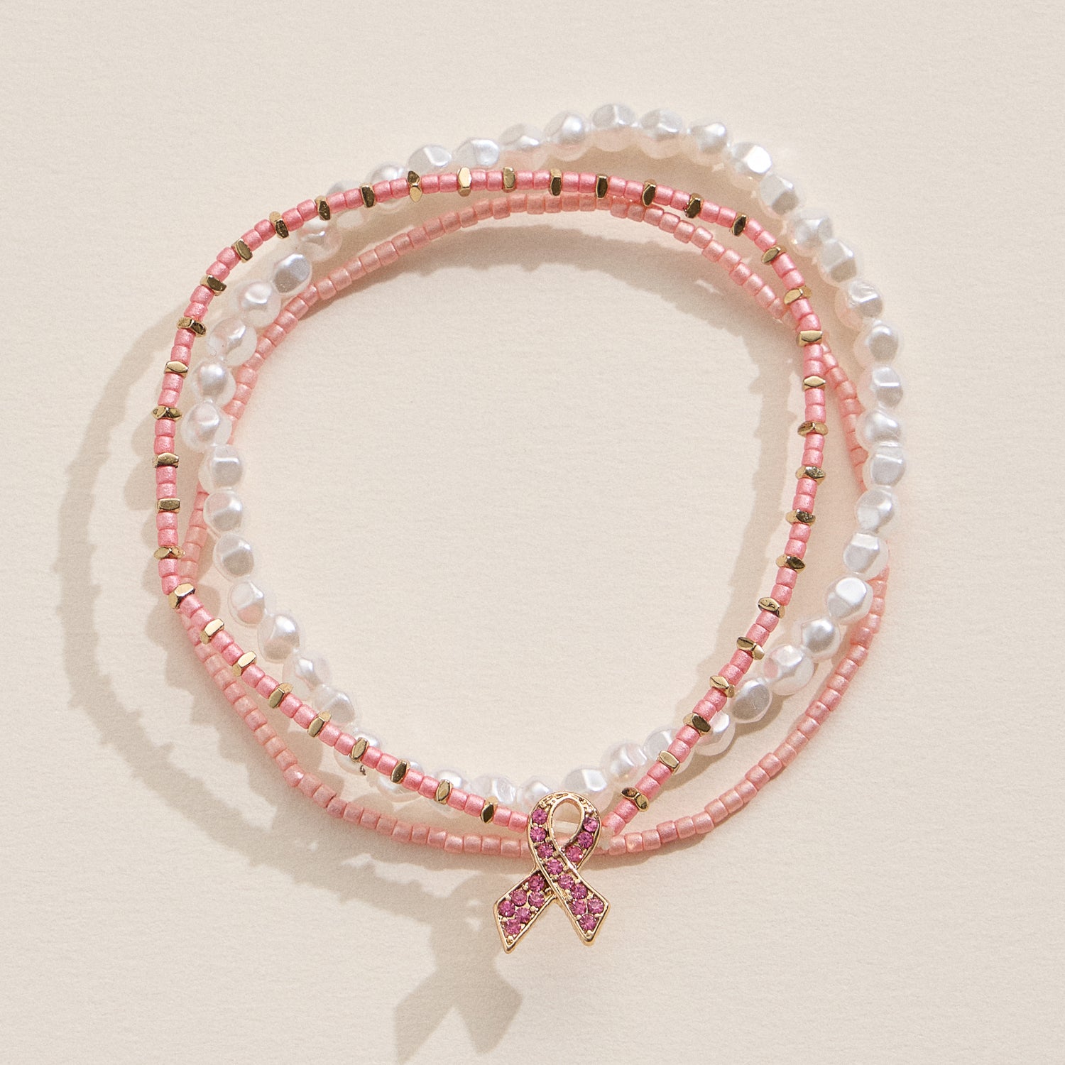 Triple Pink Ribbon Stretch Bracelet Set