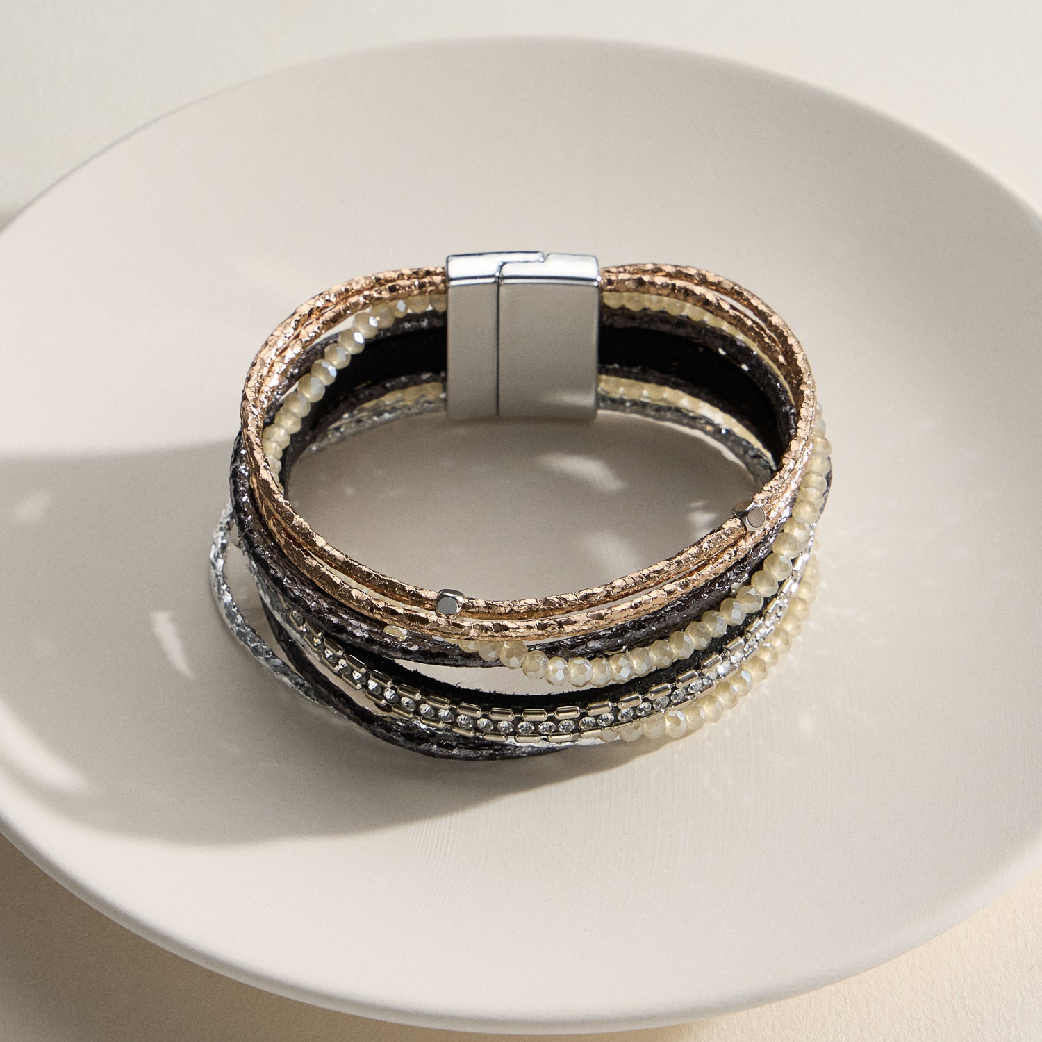 Layered Beaded Wrap Bracelet – Multi-Strand Cuff with Clasp Closure