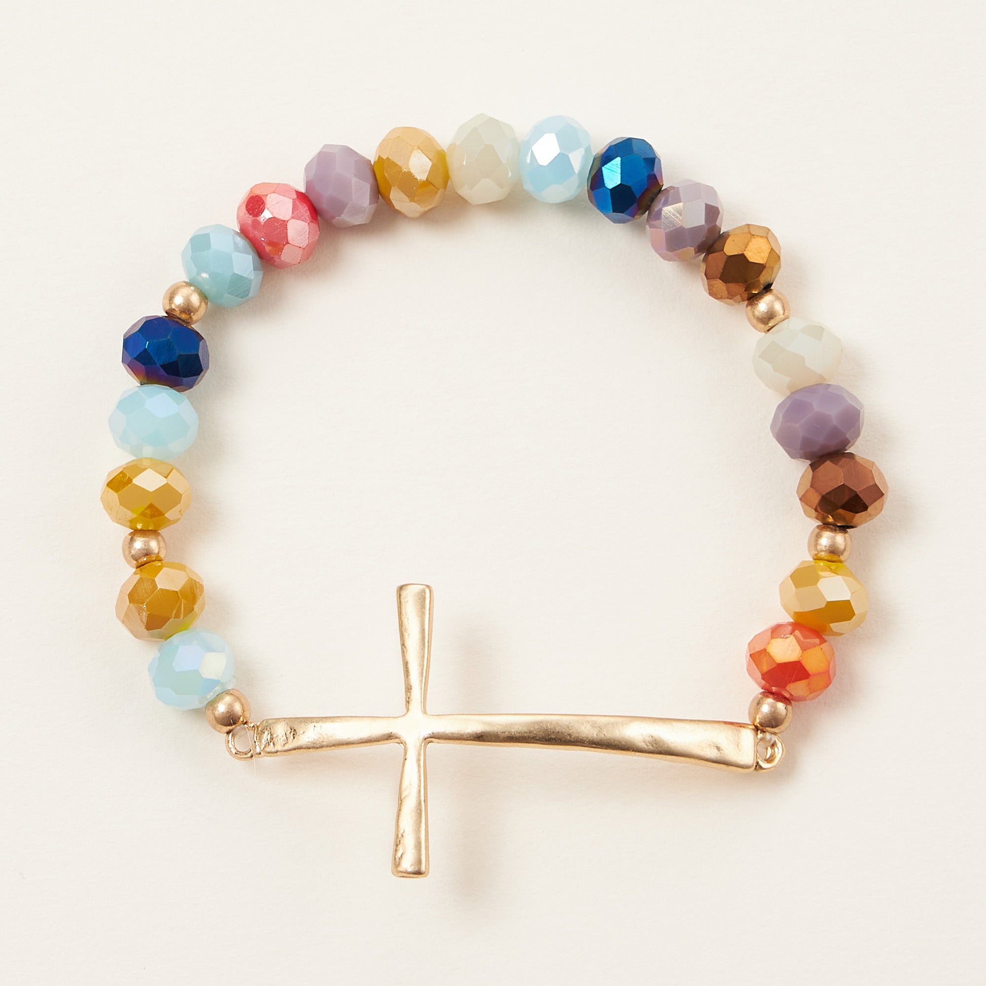 Beaded Cross Bracelet – Colorful Crystal Stretch Jewelry with Gold or Silver Cross Charm