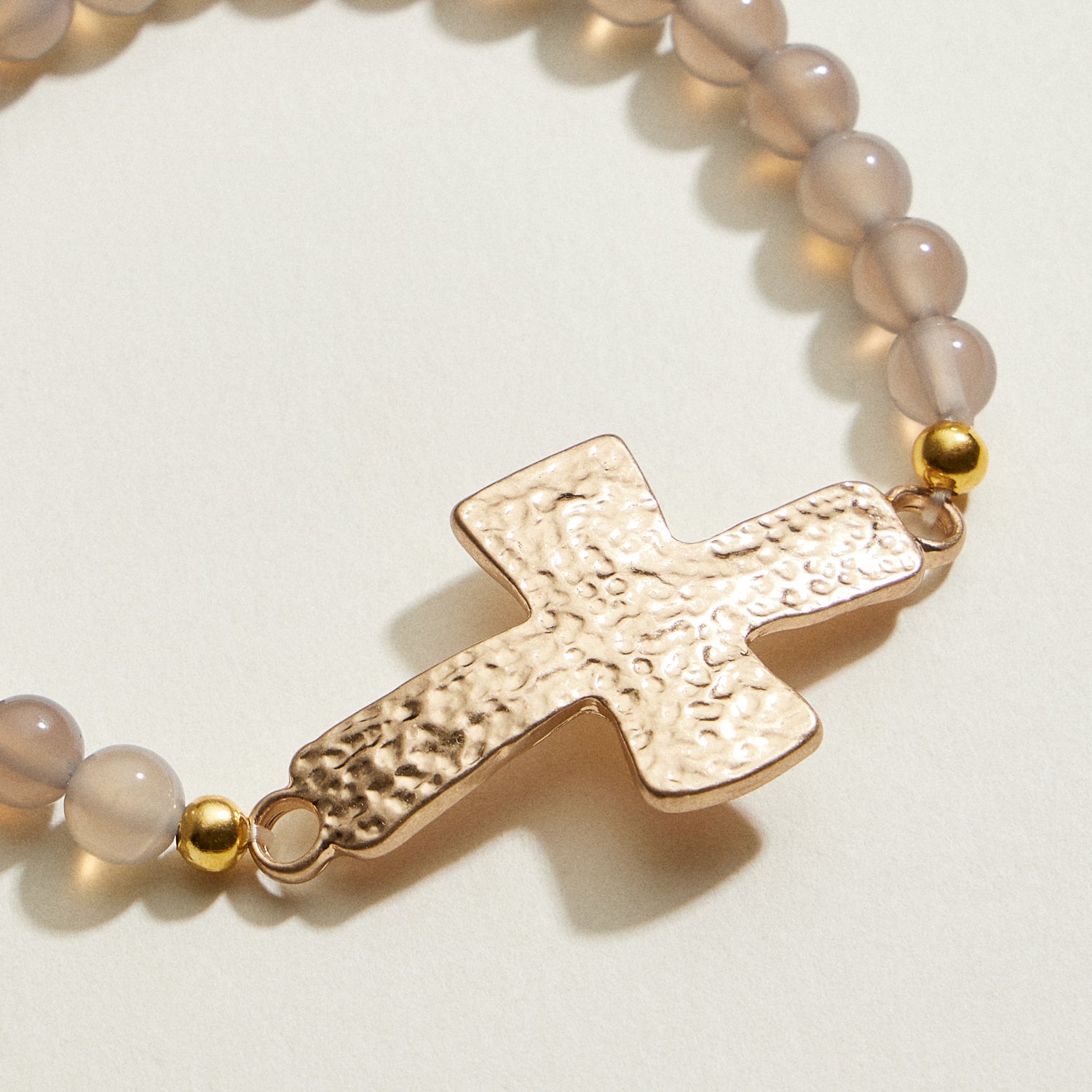Small Beaded Natural Stone Hammered Cross Bracelet | Faith Jewelry