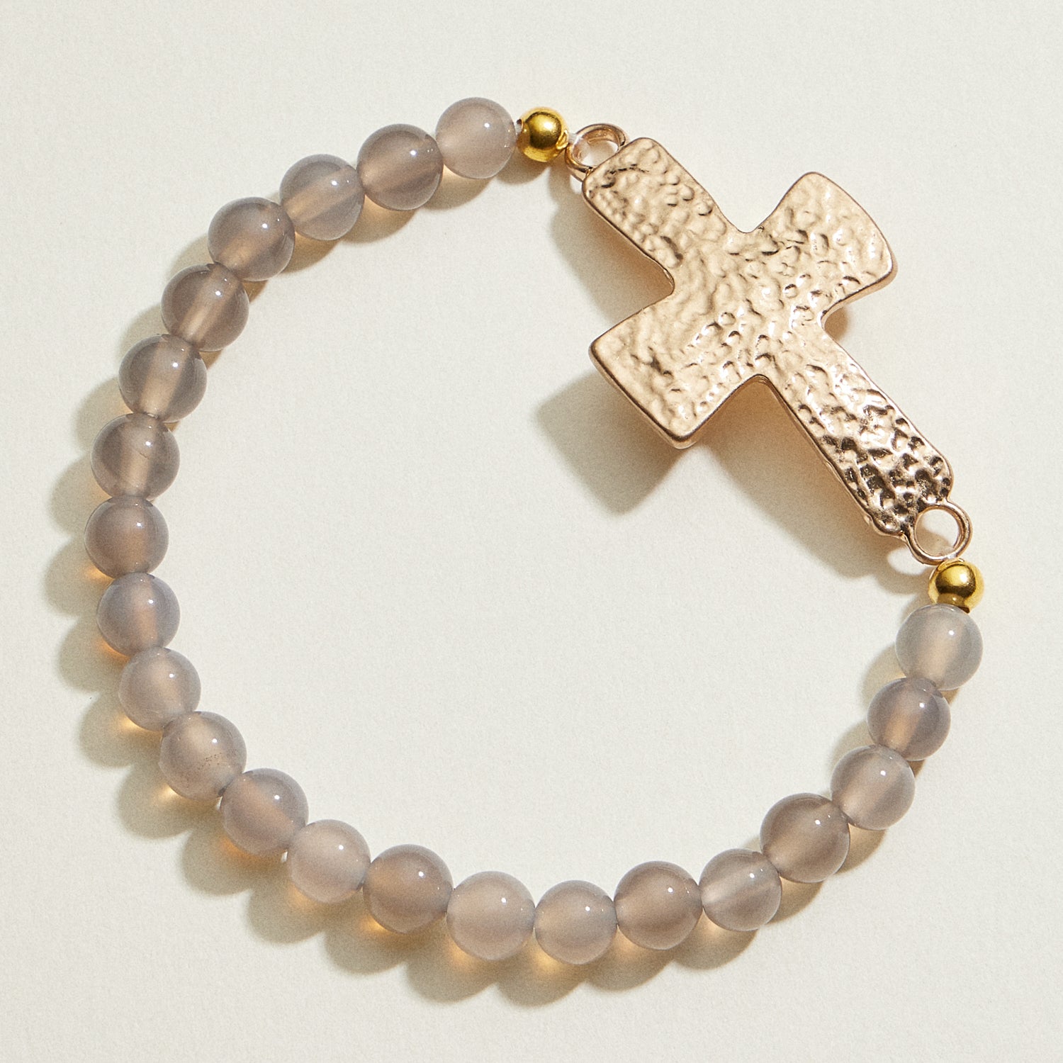 Small Beaded Natural Stone Hammered Cross Bracelet | Faith Jewelry