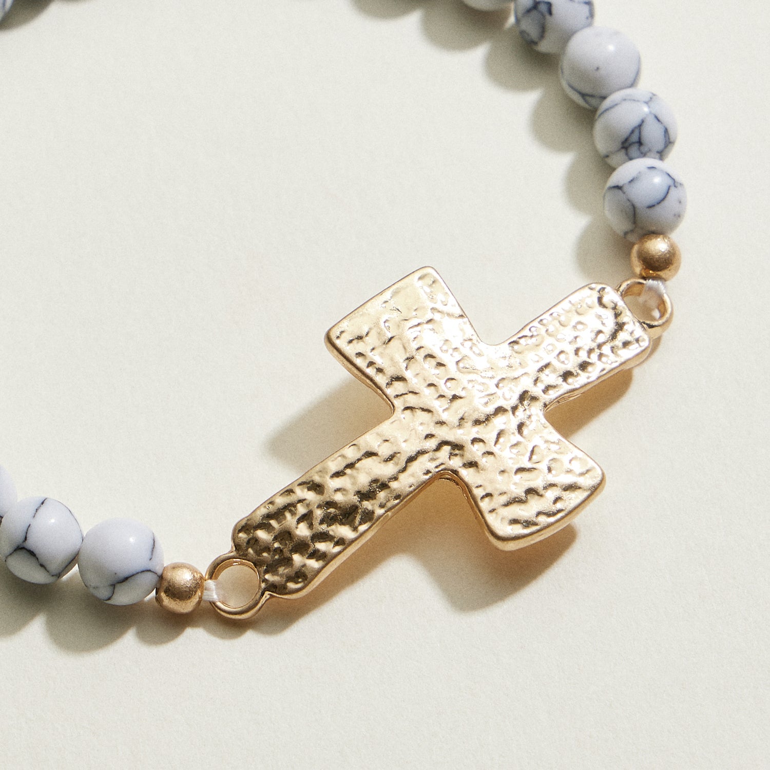 Small Beaded Natural Stone Hammered Cross Bracelet | Faith Jewelry