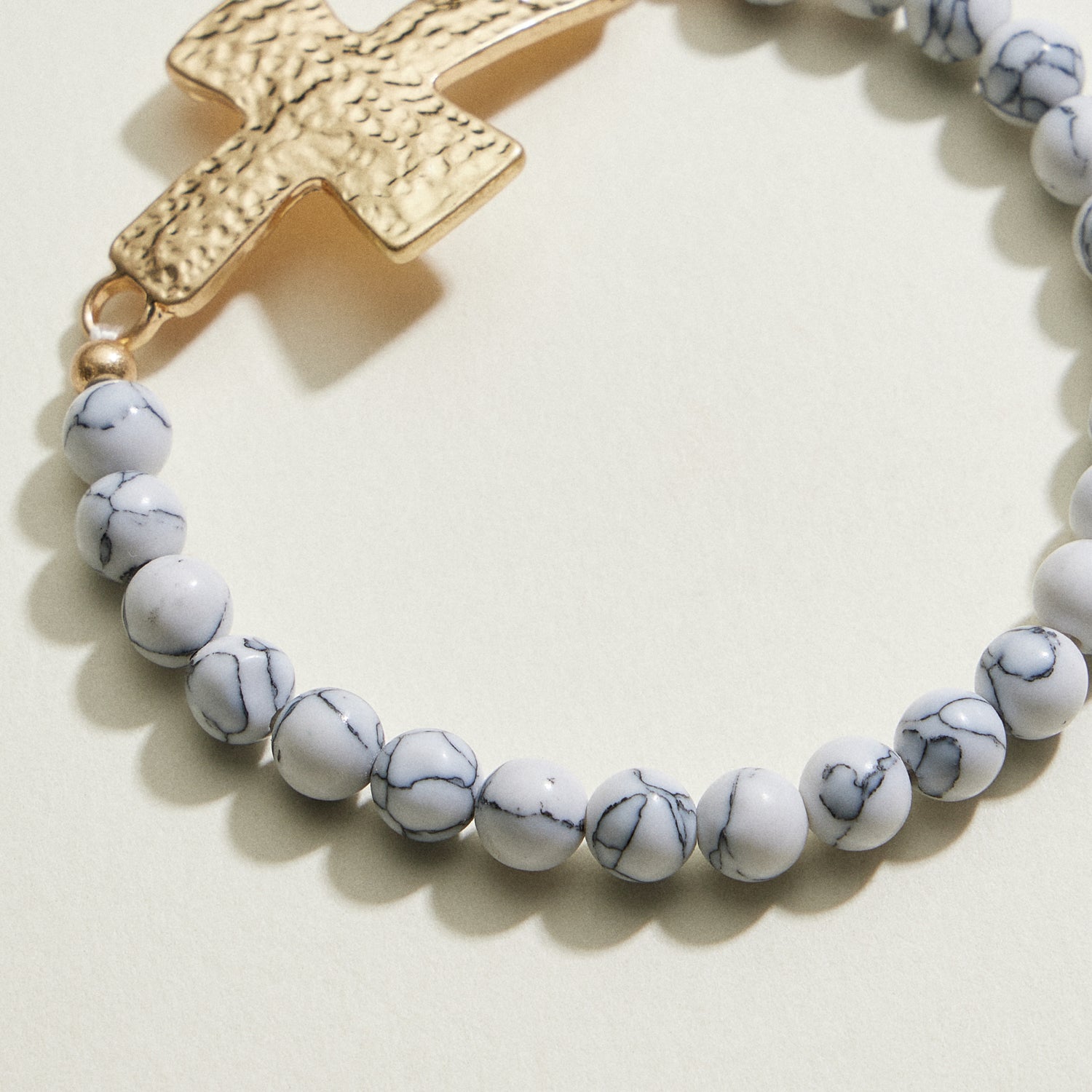 Small Beaded Natural Stone Hammered Cross Bracelet | Faith Jewelry