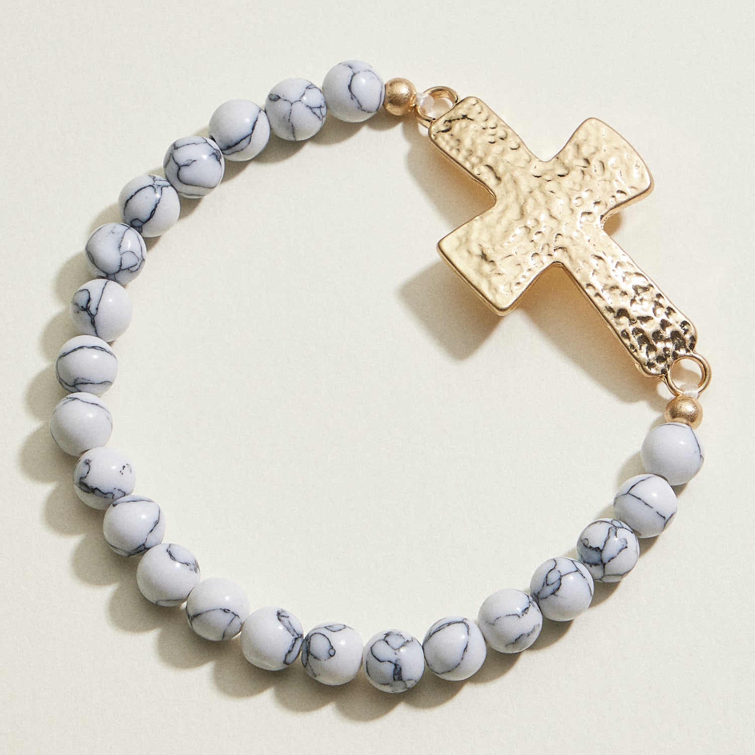 Small Beaded Natural Stone Hammered Cross Bracelet | Faith Jewelry