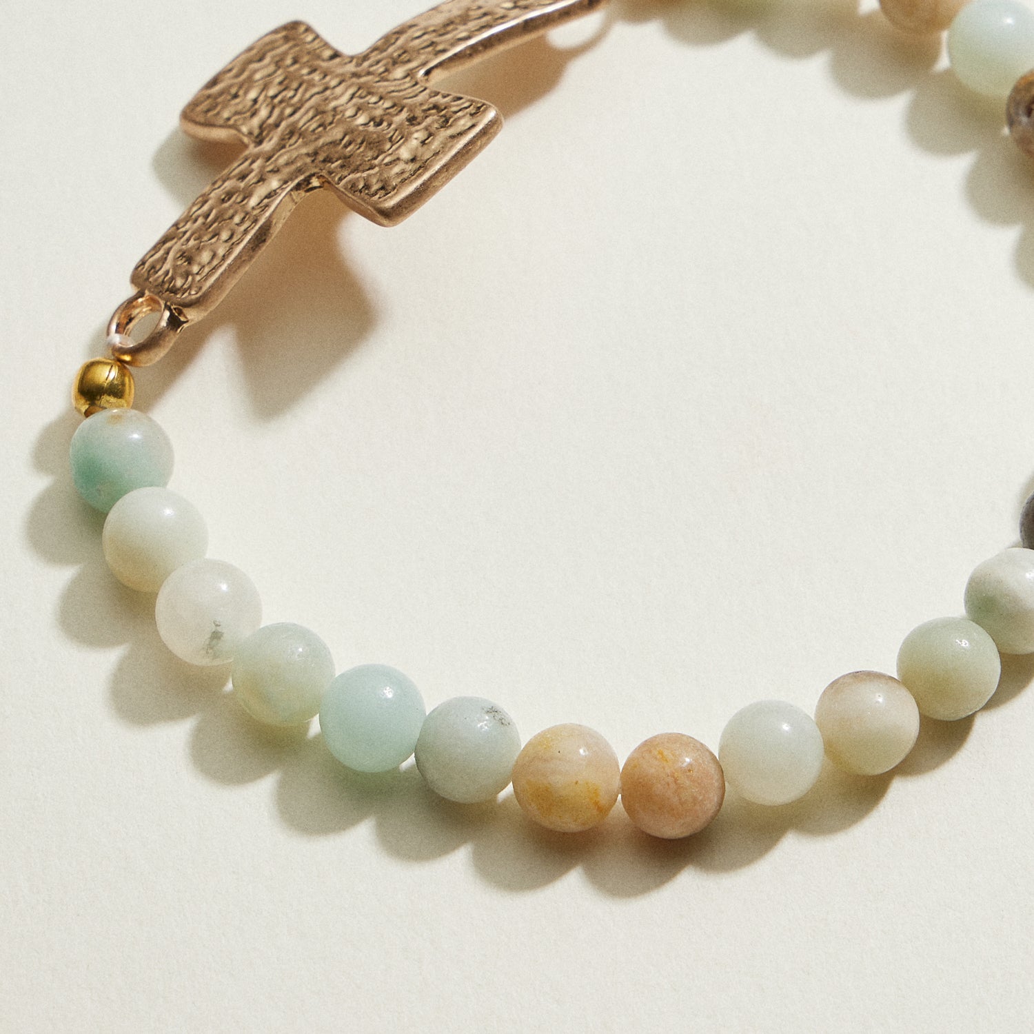 Small Beaded Natural Stone Hammered Cross Bracelet | Faith Jewelry