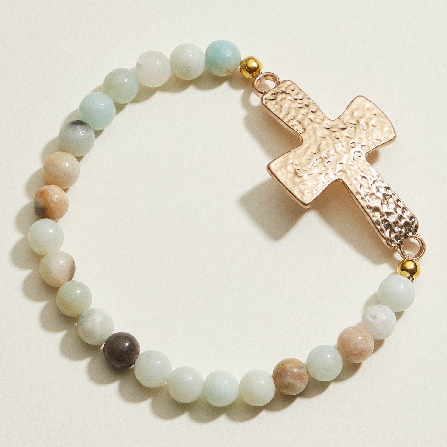 Small Beaded Natural Stone Hammered Cross Bracelet | Faith Jewelry