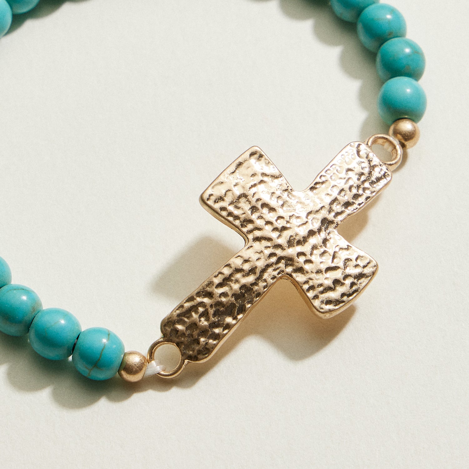 Small Beaded Natural Stone Hammered Cross Bracelet | Faith Jewelry