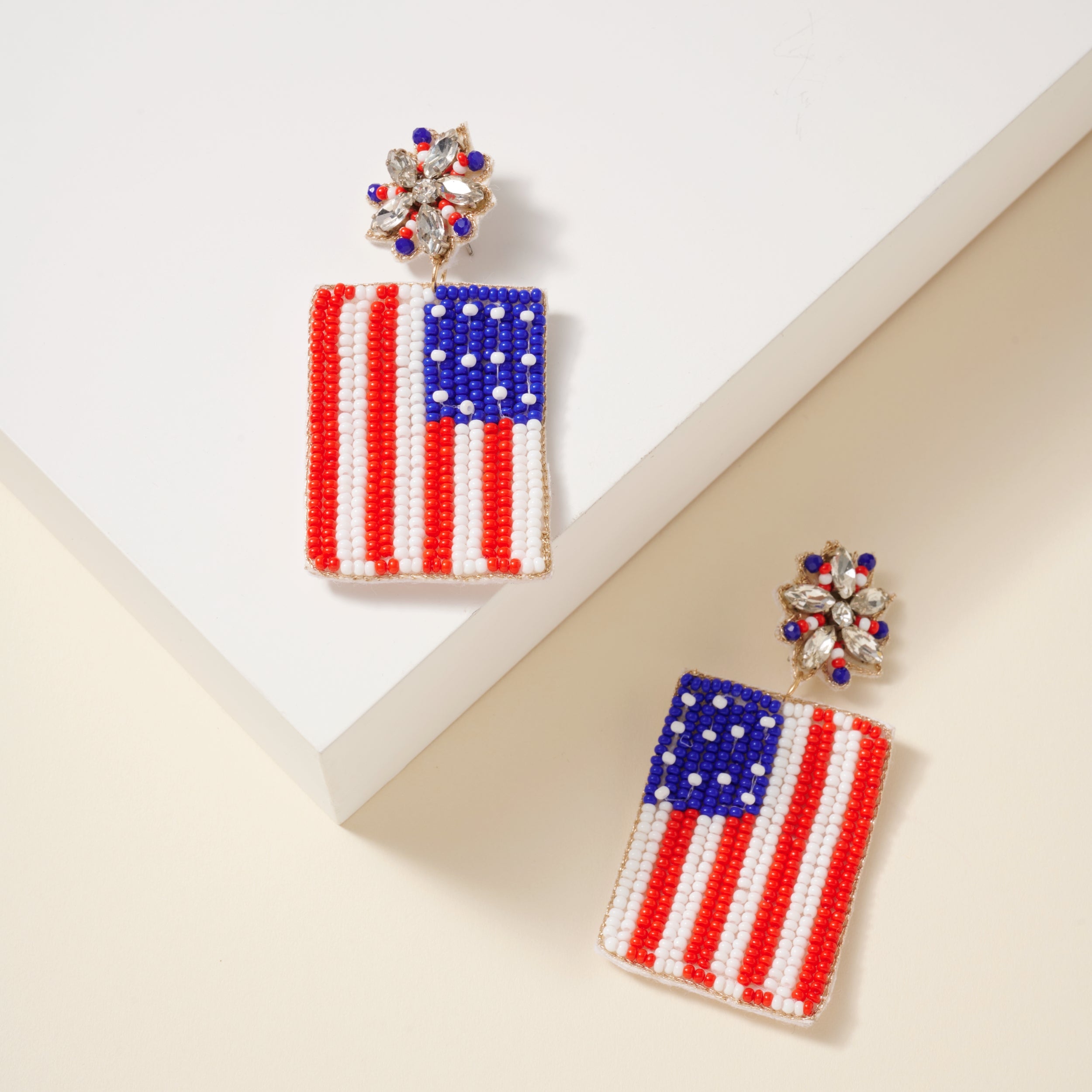 USA Flag Seed Beaded Dangling Earrings