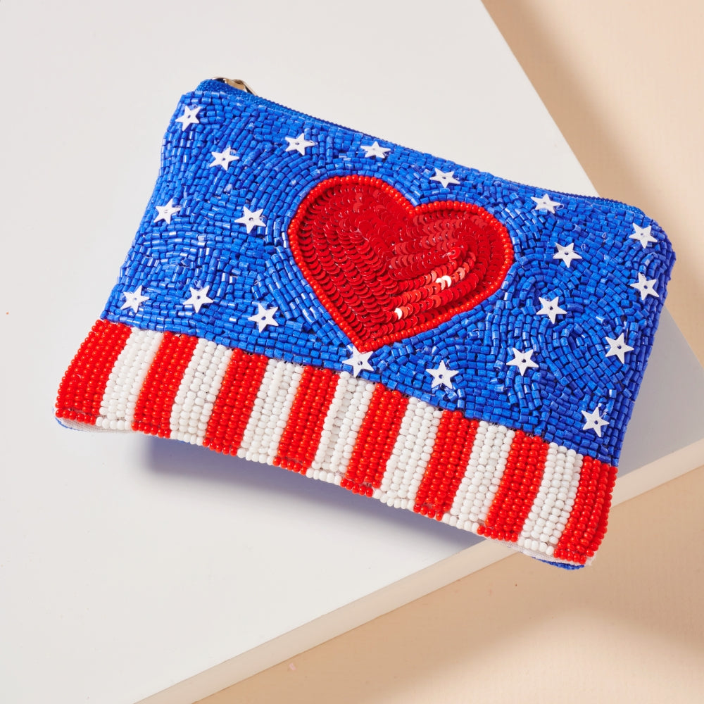 USA Heart Seed Bead Coin Pouch