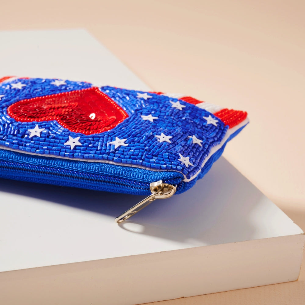 USA Heart Seed Bead Coin Pouch