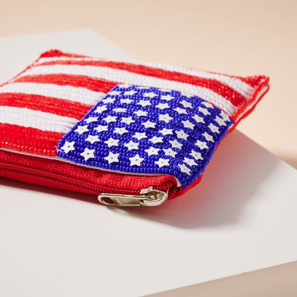 USA Flag Seed Bead Coin Pouch