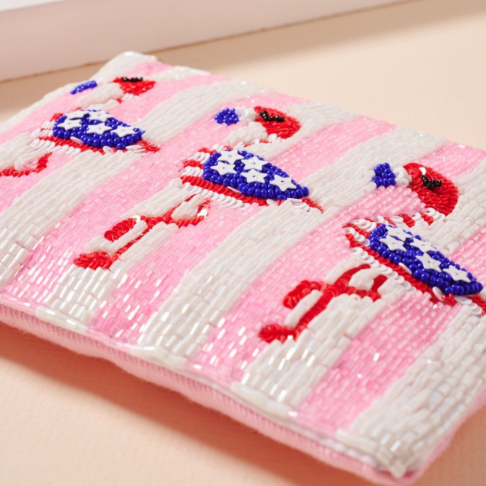 USA Flamingos Seed Beaded Coin Pouch