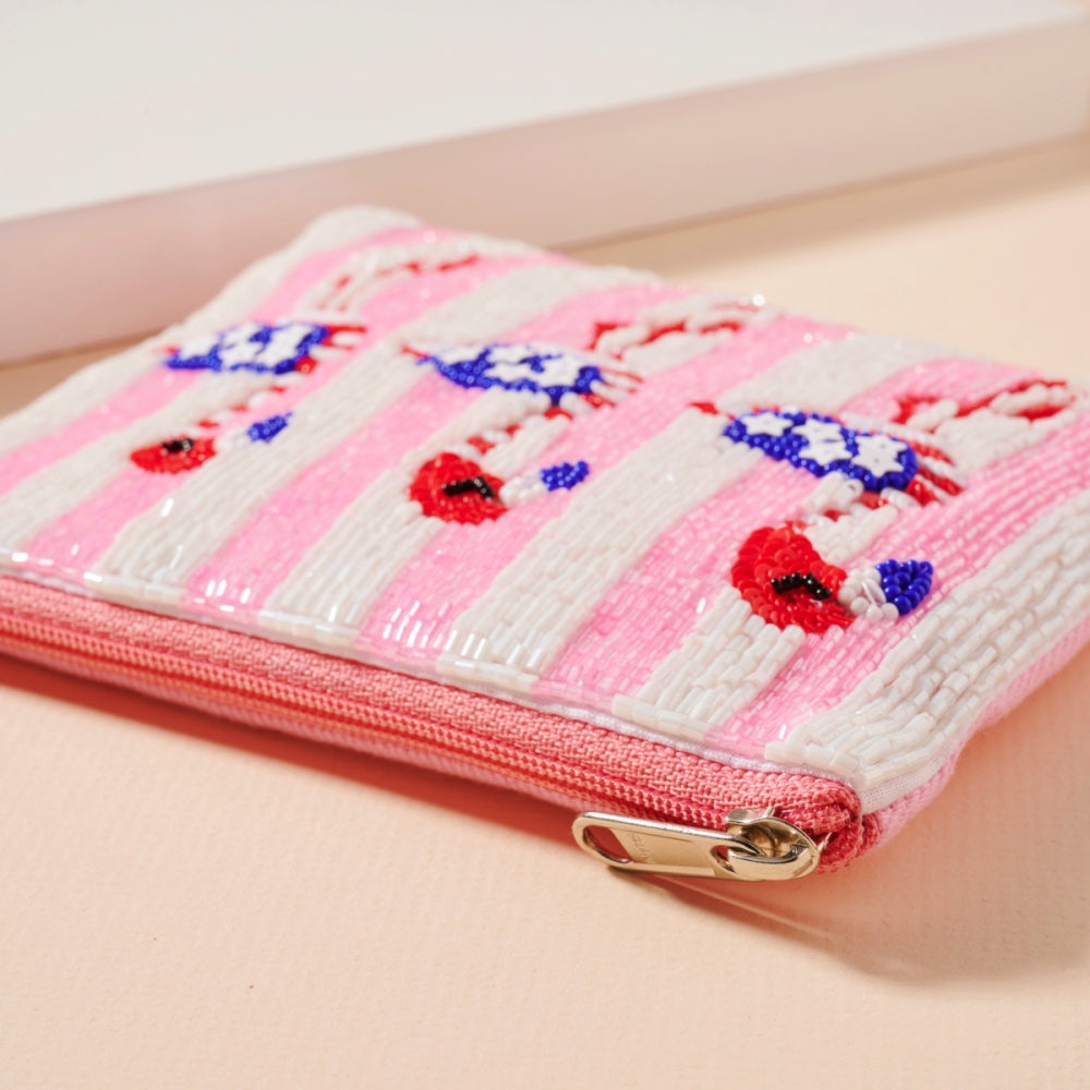 USA Flamingos Seed Beaded Coin Pouch