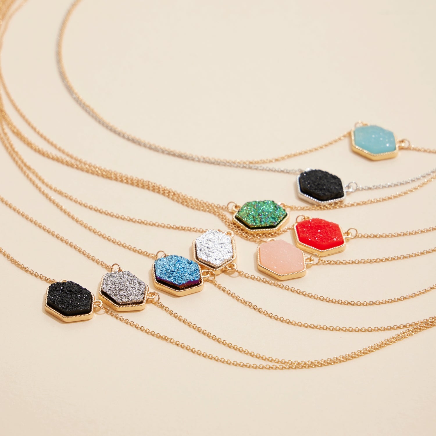 Hexagon Druzy Stone Charm Delicate Necklace - Frem